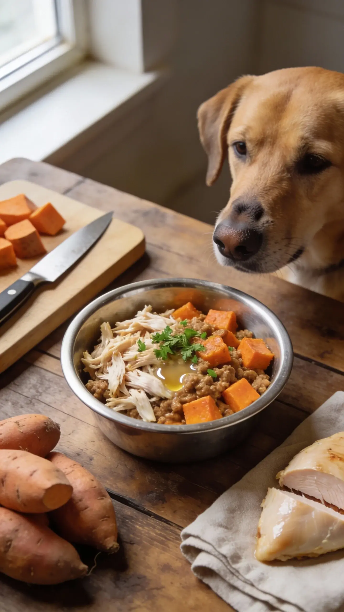 Overhead shot of a rustic wooden kitchen table with a stainless-steel dog bowl filled with homemade chicken and sweet potato dog food: shredded cooked chicken breast, chunky roasted orange sweet potato cubes, a sprinkle of finely chopped parsley, and a small splash of chicken broth for gloss. Surrounding props: a cutting board with a chef’s knife, a small pile of raw sweet potatoes, a cooked chicken breast partially sliced, and a folded neutral linen. Soft natural window light from the left, shallow depth of field, cozy homey vibe, no humans, no text, medium-sized dog’s snout just out of frame for context.