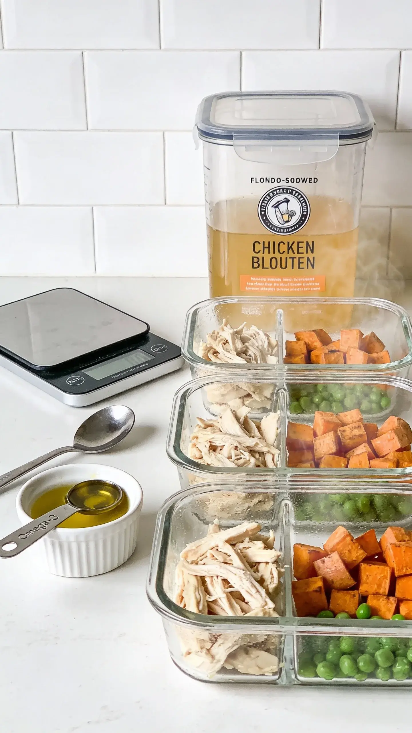 Bright, clean countertop scene showing meal prep for dog food: three clear glass meal-prep containers aligned, each with portions of shredded chicken breast, roasted sweet potato cubes, a few green peas for color, and a measured scoop of omega-3 oil in a small ramekin nearby. Include a digital kitchen scale, measuring spoon, and a labeled airtight container of low-sodium chicken broth. Modern white kitchen background, soft daylight, high-resolution food styling, minimalistic aesthetic, no people, no text, subtle steam from freshly cooked ingredients.