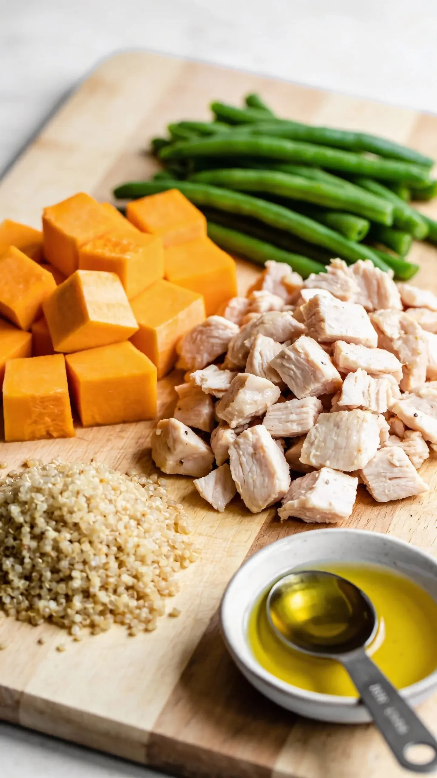 Macro close-up of meal prep on a cutting board: neatly arranged ingredients for a limited-ingredient chicken dog meal—cooked chopped chicken breast, cubed butternut squash, sliced green beans, a small pile of cooked quinoa, and a tiny dish of fish oil with a measuring spoon. Bright, natural kitchen light, minimal props, focus on fresh colors and textures, no text.