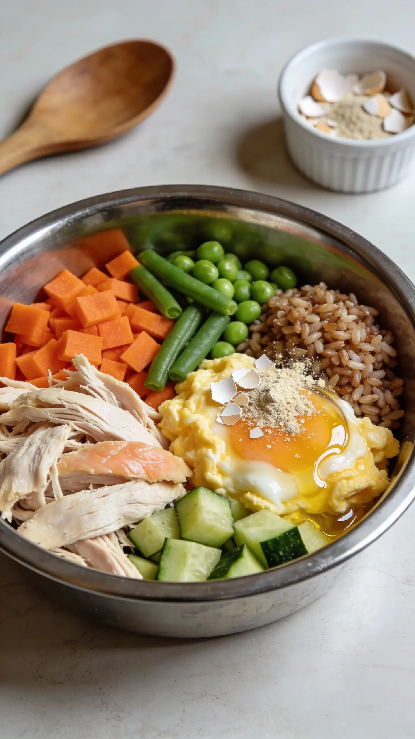 Closeup overhead of a freshly cooked balanced chicken dog food in a stainless-steel dog bowl: shredded poached chicken thigh and breast, finely chopped carrots and green beans, peas, diced zucchini, a scoop of cooked brown rice, a soft-cooked scrambled egg mixed in, a drizzle of salmon oil glistening on top, and a light sprinkle of finely crushed eggshell powder for calcium. Natural kitchen light, shallow depth of field, no text, realistic, appetizing, clean countertop background with a wooden spoon and a small ramekin of ground eggshells slightly blurred.