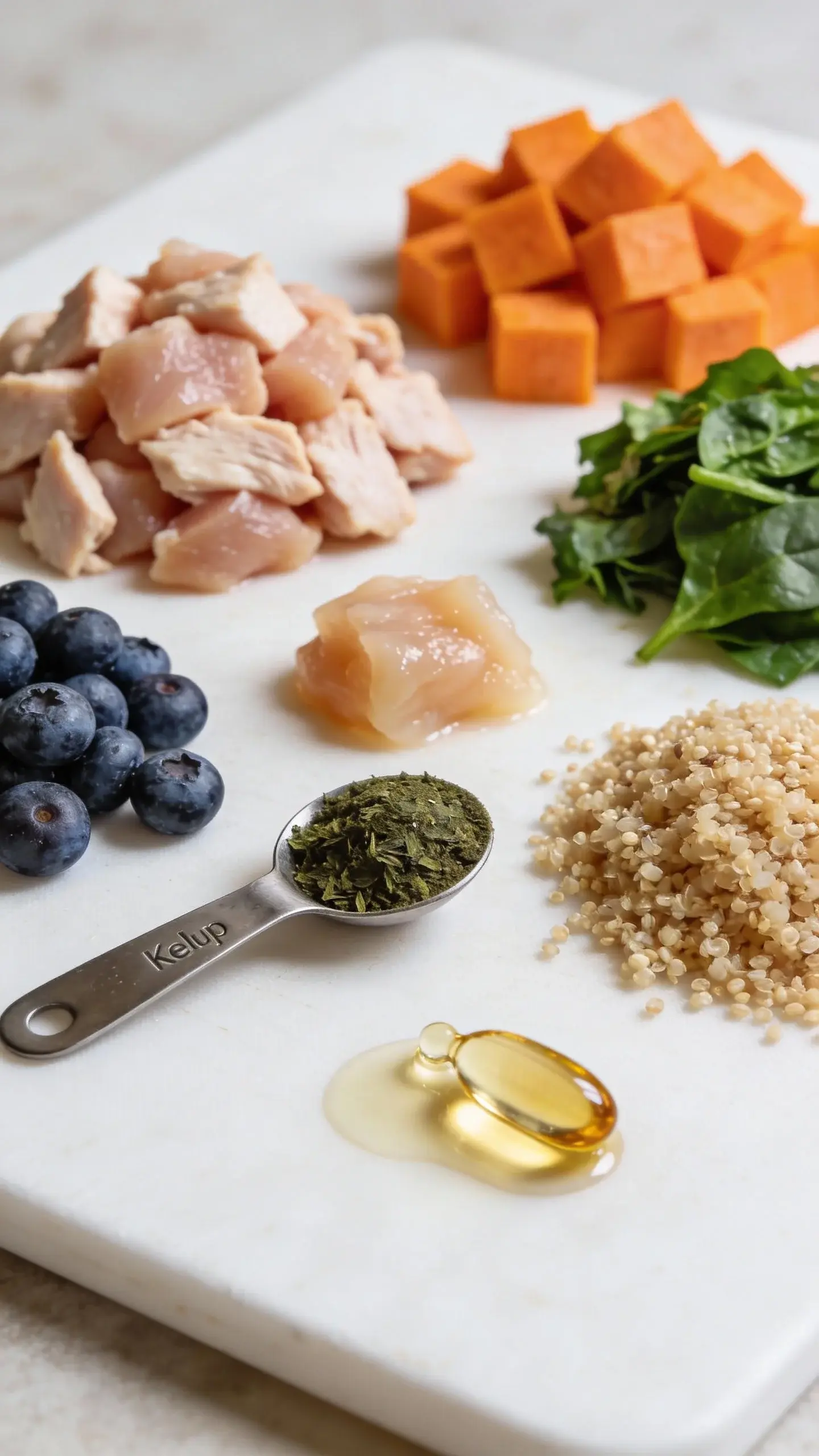 Macro shot of individual ingredients neatly arranged on a white cutting board before mixing: piles of chopped cooked chicken thigh, steamed diced sweet potato, chopped spinach, cooked quinoa, blueberries for antioxidants, a small pat of unsalted chicken fat, a measured teaspoon of kelp powder, and a fish oil capsule squeezed to show a drop of oil. Bright, natural light, high detail texture of ingredients, neutral kitchen background softly blurred, no labels or text.