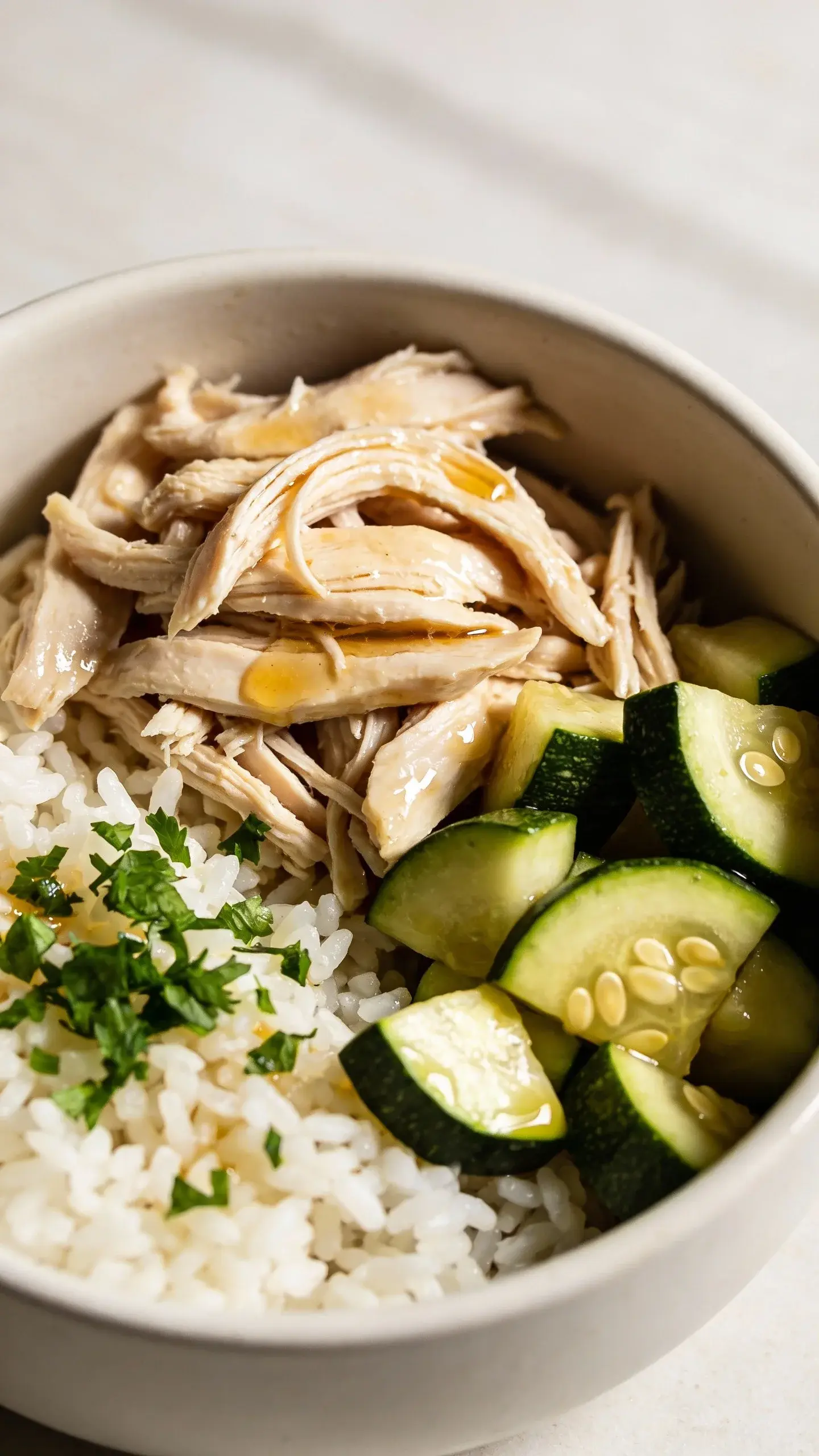 Close-up overhead shot of a freshly cooked homemade dog food bowl: shredded poached chicken breast glistening, tender diced zucchini with visible seeds, fluffy white rice, a drizzle of chicken broth for sheen, and a sprinkle of finely chopped flat-leaf parsley for color. Natural daylight from the side, shallow depth of field focused on texture of chicken fibers and zucchini skin. Neutral, clean kitchen background with soft shadows. No utensils, no text, no dog, only the food and ingredients clearly visible.
