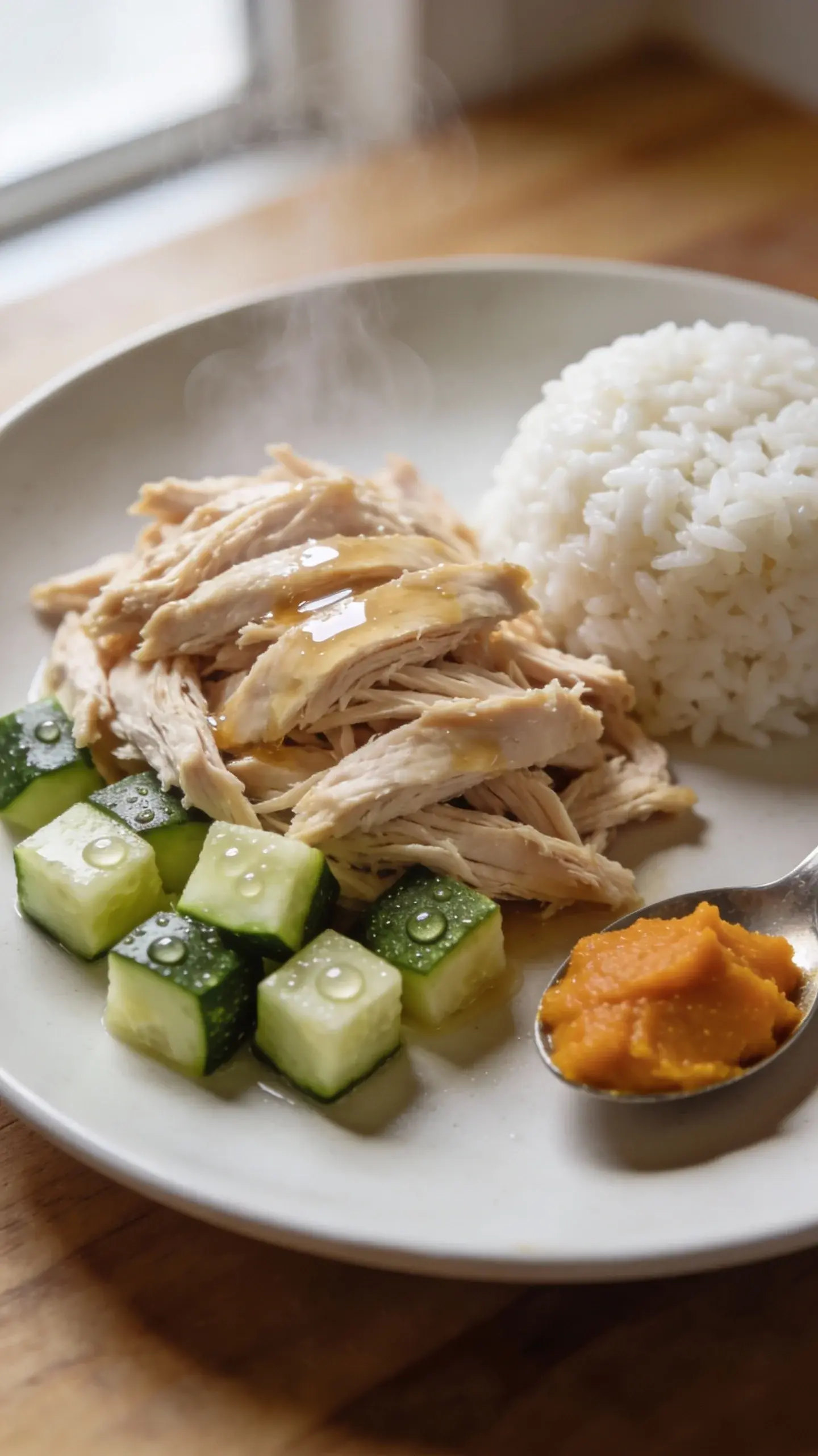 Macro side-angle of ingredients arranged on a matte white plate before mixing: neatly piled shredded chicken, small cubes of zucchini, a mound of steamed white rice, and a small spoonful of pumpkin puree off to the side as an optional topper. Light steam rising, moisture beads on zucchini, subtle glisten of broth brushed on chicken. Soft, diffused window light, warm color temperature, minimal background—just a blurred wooden countertop. Emphasis on texture and freshness, no packaging, no text, no dog.