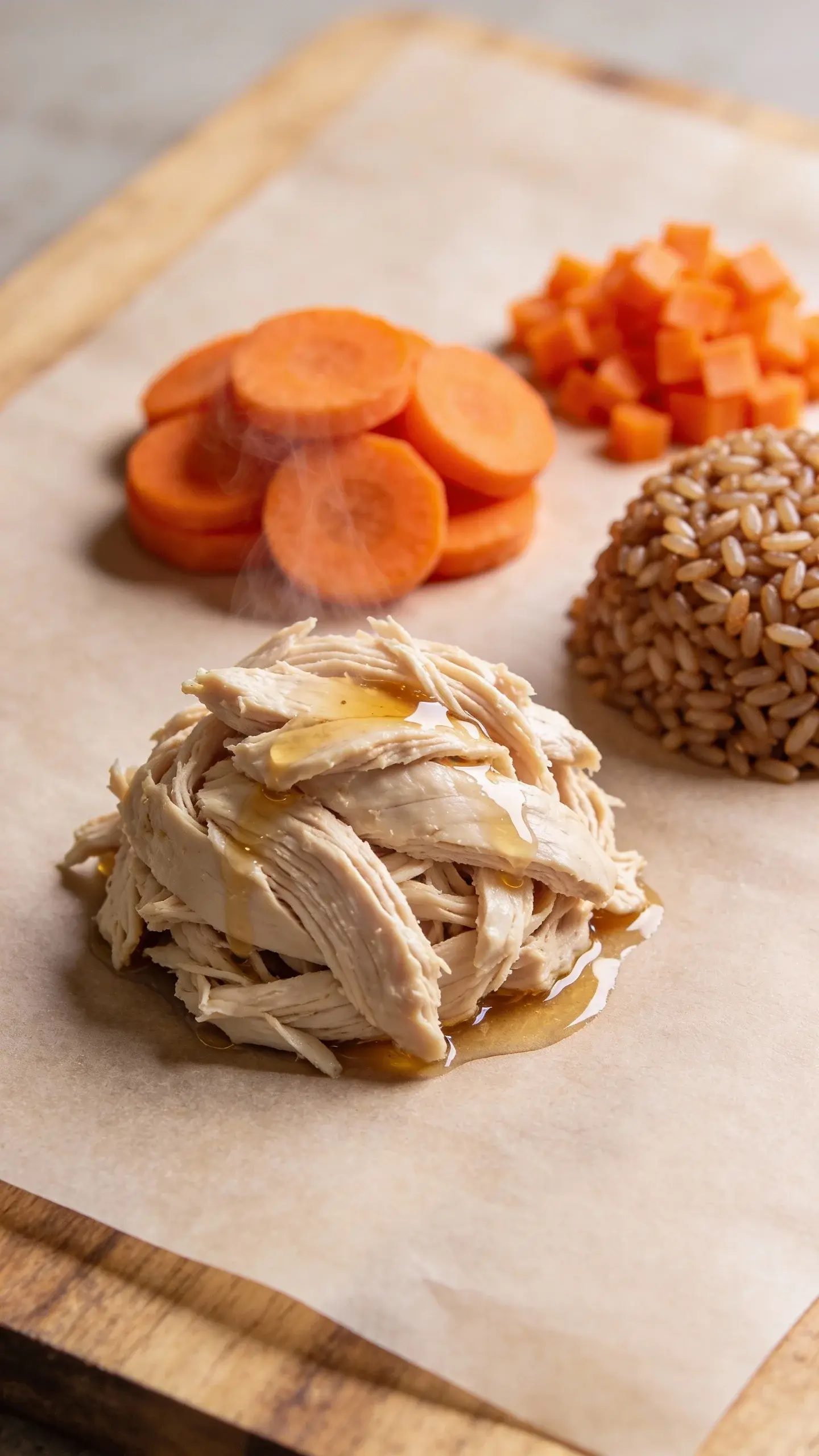 Macro side-angle shot of ingredients just before mixing: a small mound of shredded poached chicken breast, a neat pile of steamed carrot coins and finely diced carrots, and a portion of cooked brown rice arranged on a parchment-lined wooden board; a light drizzle sheen from chicken broth on the chicken, steam faintly rising, muted warm tones, high-resolution detail on fibers of chicken and carrot texture; clean minimal backdrop, no bowls or labels, no text.