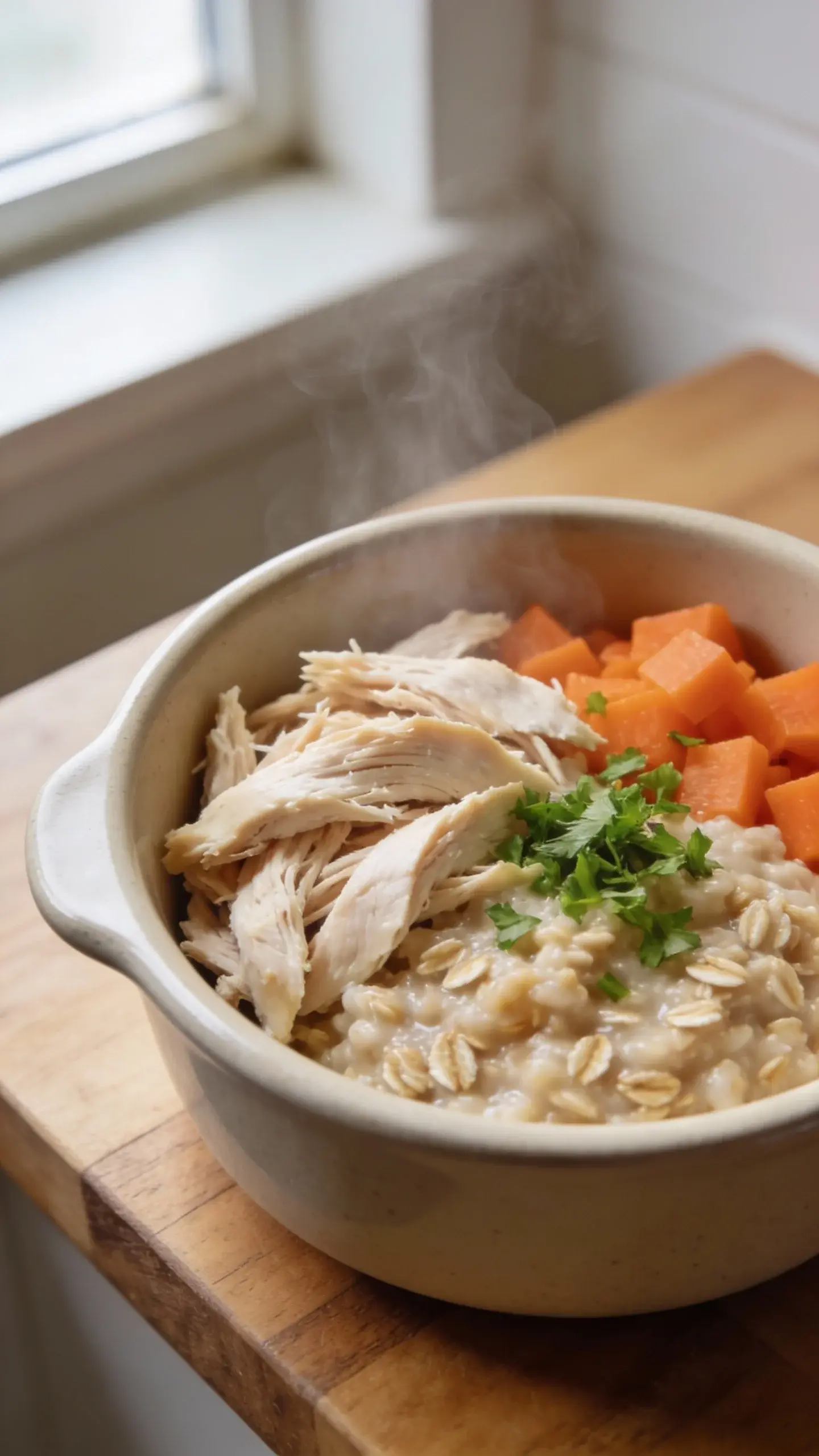 Extreme closeup of a home-cooked dog bowl featuring shredded poached chicken breast, creamy cooked oatmeal, finely diced steamed carrots, and a sprinkle of chopped fresh parsley. Soft natural kitchen window light, shallow depth of field, ceramic neutral-toned bowl on a wooden countertop, slight steam rising to show warmth, no utensils, no text, focus on wholesome texture and simplicity.