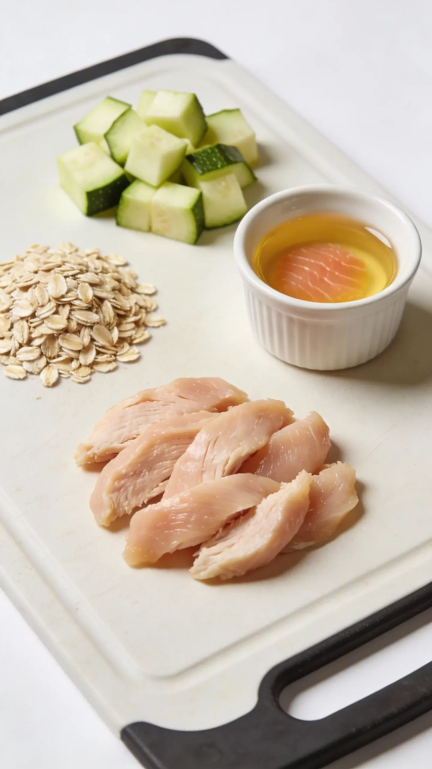 Macro shot of raw ingredients neatly arranged on a cutting board before cooking: trimmed chicken breast slices, dry rolled oats in a small pile, peeled and diced zucchini, and a tiny ramekin of salmon oil. Clean, bright daylight, minimalist backdrop, high detail on textures of oats and chicken fibers, tight crop with no hands or labels, emphasizing fresh, gentle ingredients for sensitive-stomach dog food.