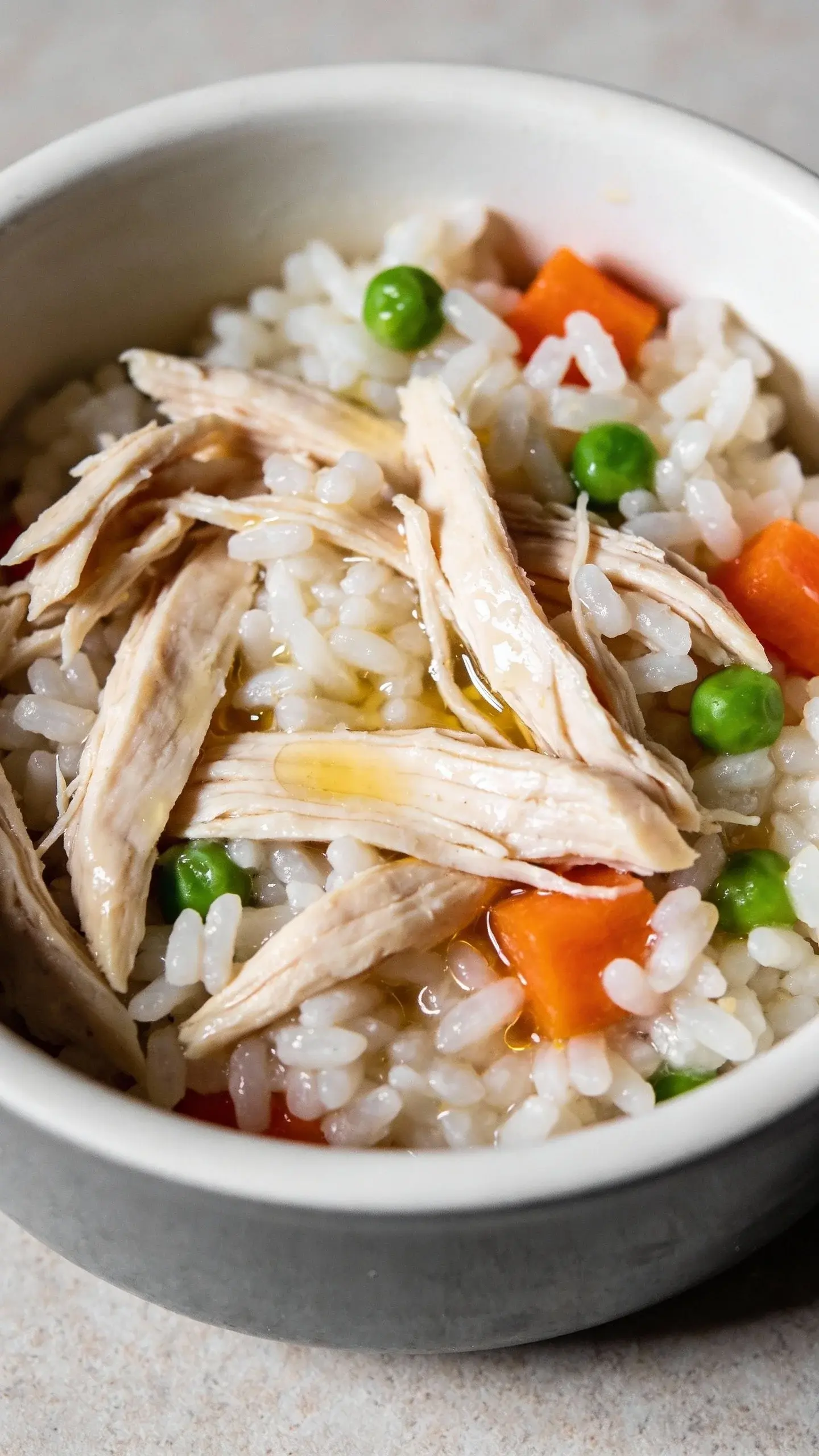 Extreme close-up of a homemade dog food bowl on a neutral kitchen counter: shredded poached chicken breast (plain, skinless) mixed with fluffy white rice, a small portion of steamed diced carrots and green peas folded in, and a drizzle of chicken broth soaking into the rice. Natural daylight, soft shadows, shallow depth of field focusing on the glistening chicken fibers and individual rice grains. No seasonings, no onions or garlic, no human tableware visible—just the bowl and ingredients.