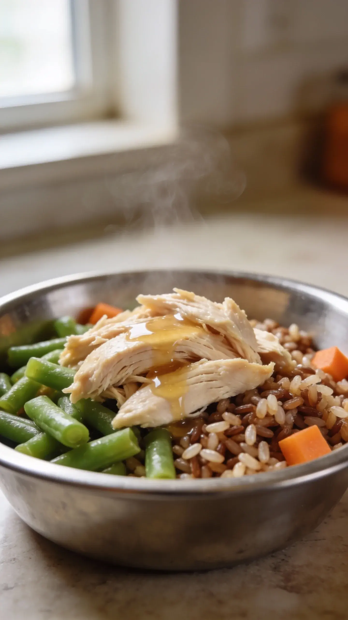 Ultra-realistic close-up of a homemade dog food bowl: shredded cooked chicken breast, steamed chopped green beans, brown rice, and a drizzle of chicken broth for sheen. Show moist textures, slight steam, and visible individual rice grains; include a few diced carrots as accent but keep focus on chicken and green beans. Neutral kitchen countertop background, soft natural window light, no utensils, no text, shallow depth of field.