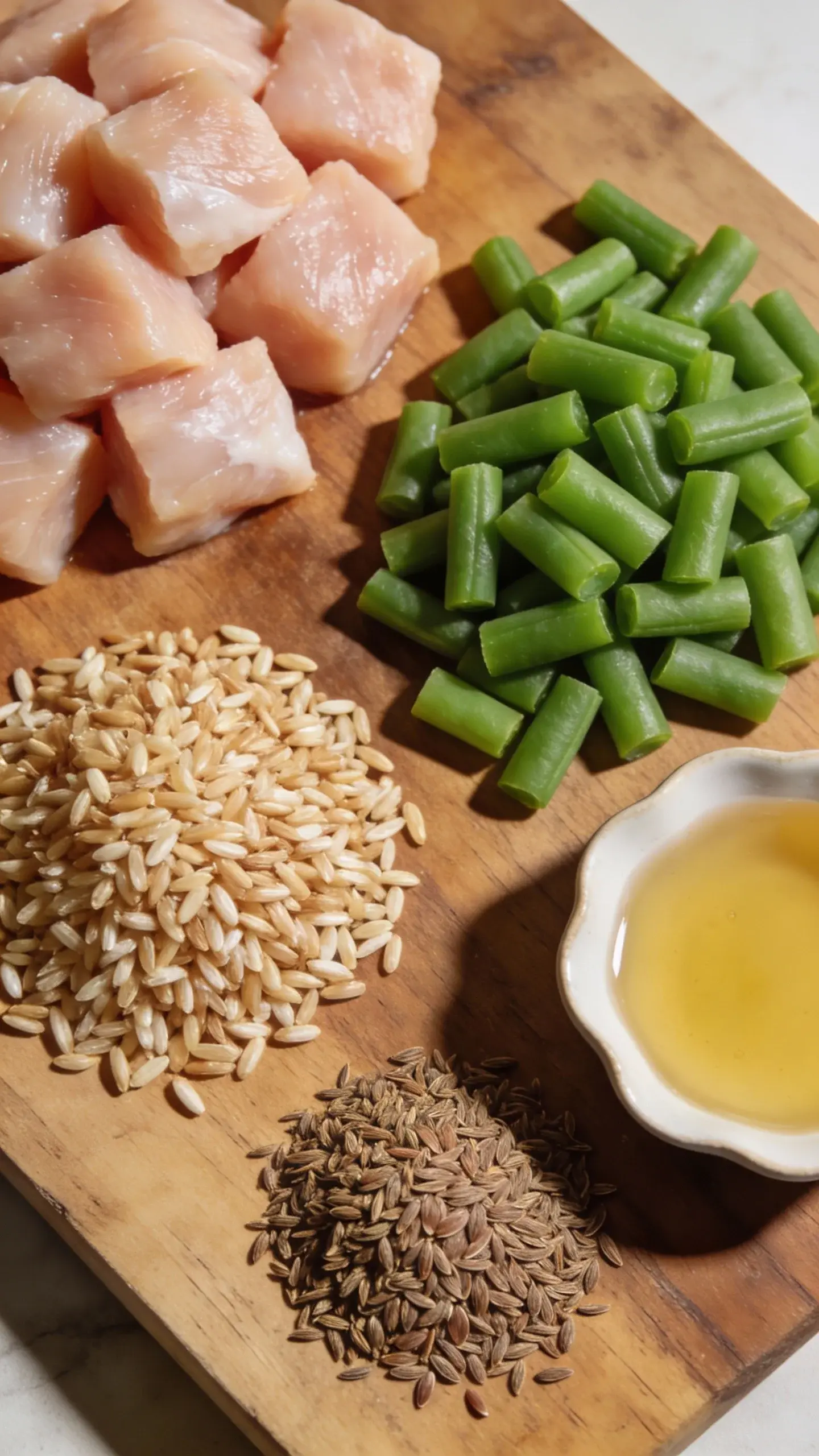 Top-down macro shot of raw ingredients neatly arranged on a wooden board before cooking: cubed raw chicken breast, trimmed fresh green beans cut into 1-inch pieces, measured portions of dry brown rice and ground flaxseed, and a small dish of low-sodium chicken stock. Emphasize vibrant green beans and clean chicken texture, natural daylight, minimal shadows, rustic yet clean styling, no hands, no text.