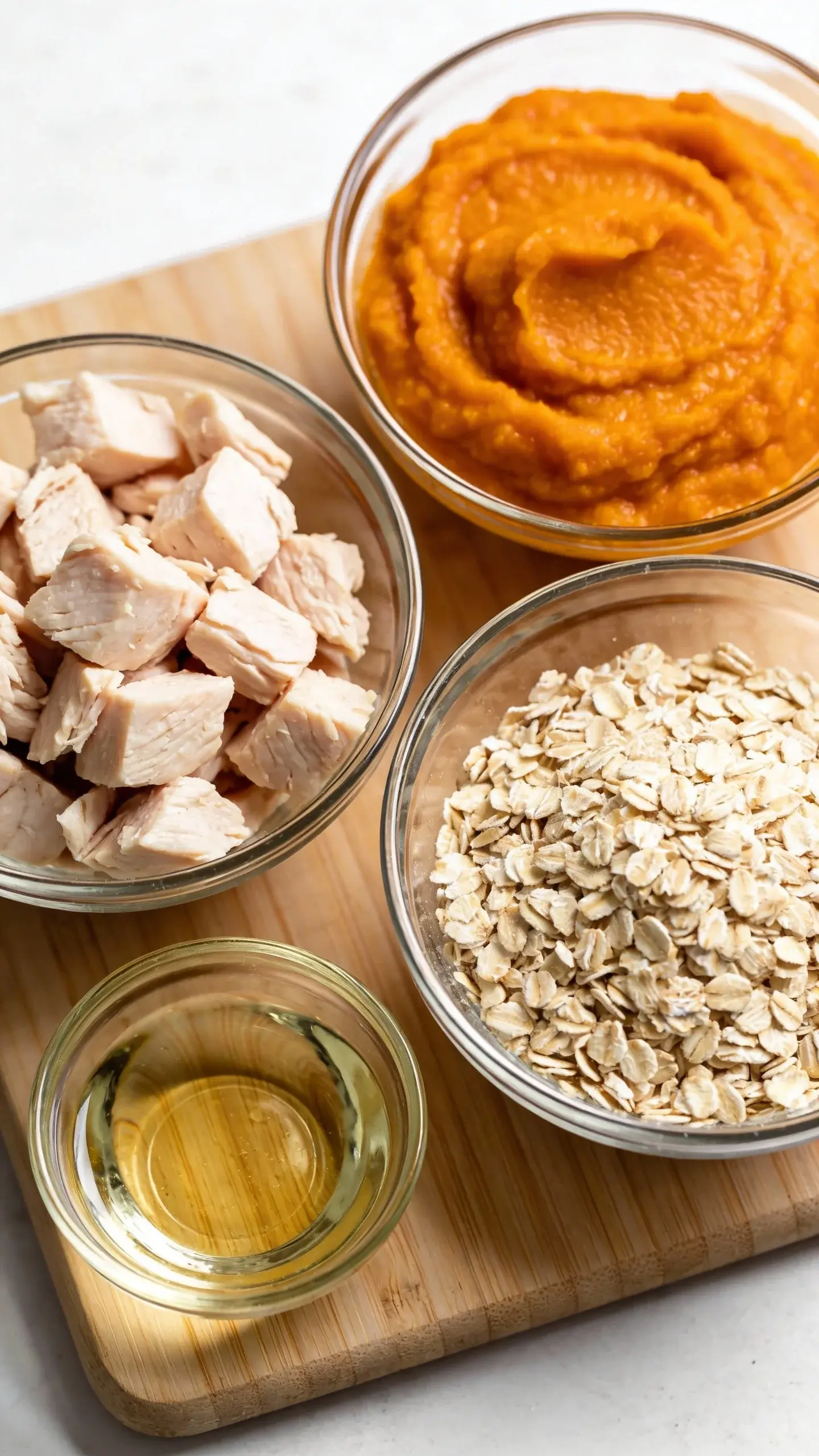 Overhead closeup of ingredients before mixing: small glass bowls with diced cooked chicken breast (skinless), pure pumpkin puree (vivid orange), and cooked plain rolled oats, plus a tiny dish of water or low-sodium chicken broth. Arranged neatly on a light wooden board, soft natural light, crisp detail on fibers and grains, no labels, no utensils crossing bowls, minimal background clutter, high-resolution macro food styling.