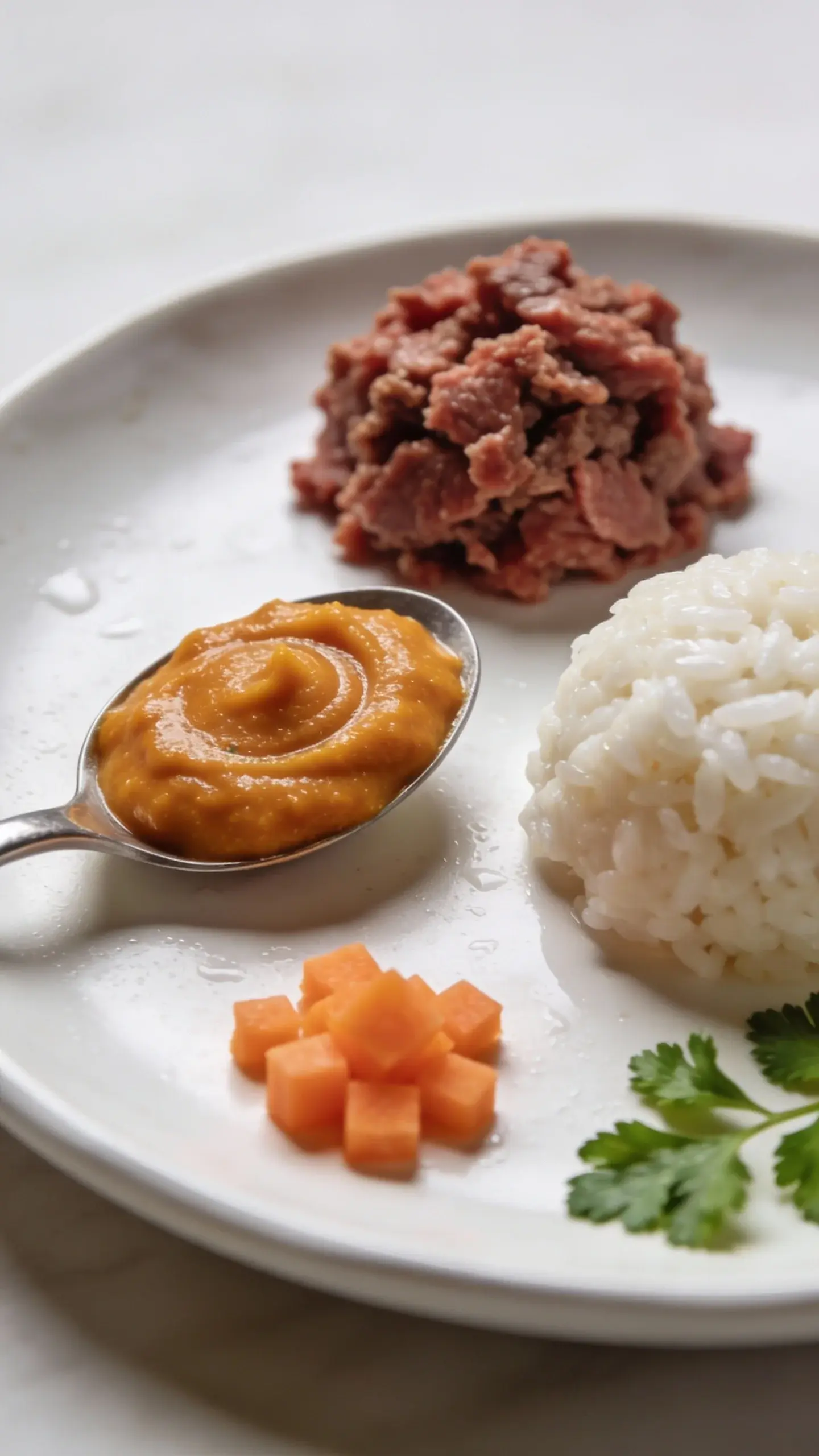 Macro side view of ingredients separated on a white ceramic plate: small mound of finely chopped, cooked extra-lean beef, a spoonful of silky pumpkin puree with visible texture swirls, and a compact scoop of soft white rice; a tiny sprinkle of plain boiled carrot dice and a few parsley leaves off to the side for color, soft diffused lighting, high detail on moisture and grain texture, minimal background, no text, emphasizes soothing, simple stomach-friendly components.