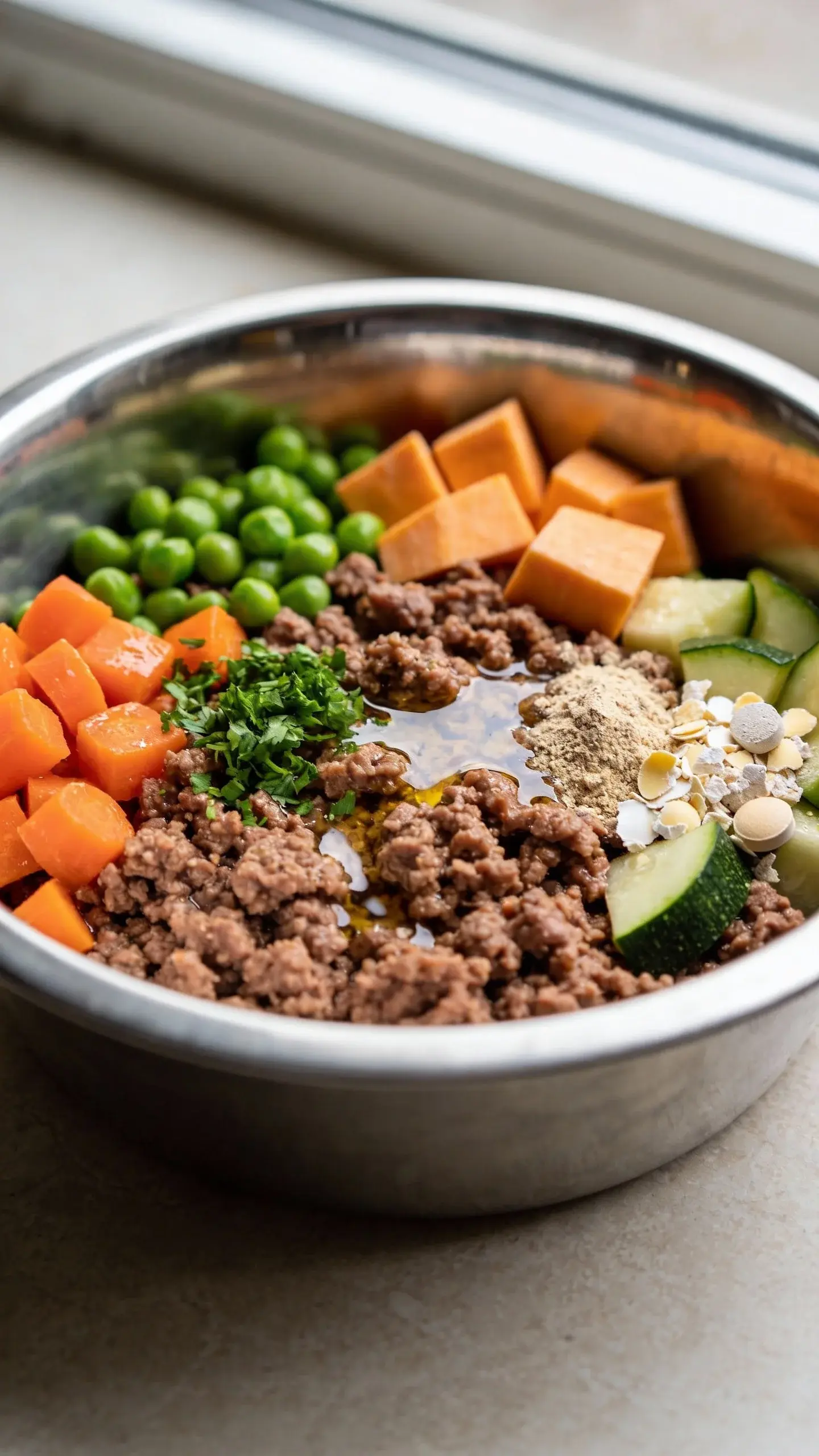Extreme closeup of a freshly cooked grain-free beef dog food in a stainless steel dog bowl: finely crumbled lean ground beef, diced carrots, green peas, chopped zucchini, and cubed sweet potato, lightly glistening with beef drippings; visible fish oil droplets and a sprinkle of finely minced parsley; a small pile of ground eggshell powder and a crushed calcium tablet on the side about to be mixed in; neutral kitchen countertop background, natural window light, shallow depth of field, no text.