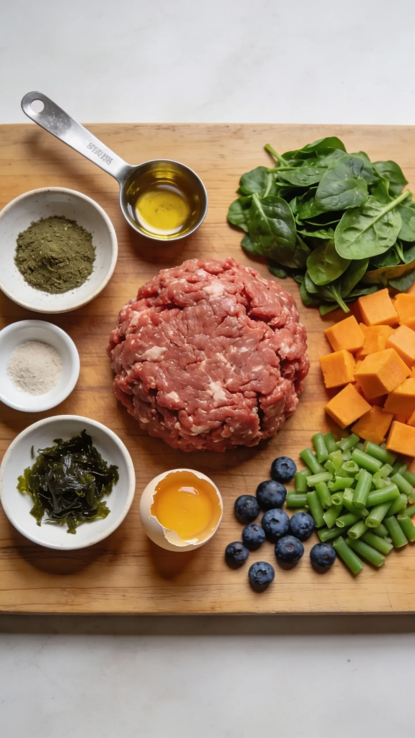 Overhead closeup of prepped ingredients on a wooden cutting board for grain-free beef dog food: raw lean ground beef mound, neatly chopped spinach, diced pumpkin, finely chopped green beans, blueberries scattered for antioxidants, a cracked egg with yolk visible, a small dish of kelp powder and another of fish oil; a measuring spoon resting beside; soft diffuse lighting, clean kitchen vibe, high-detail textures, no text.