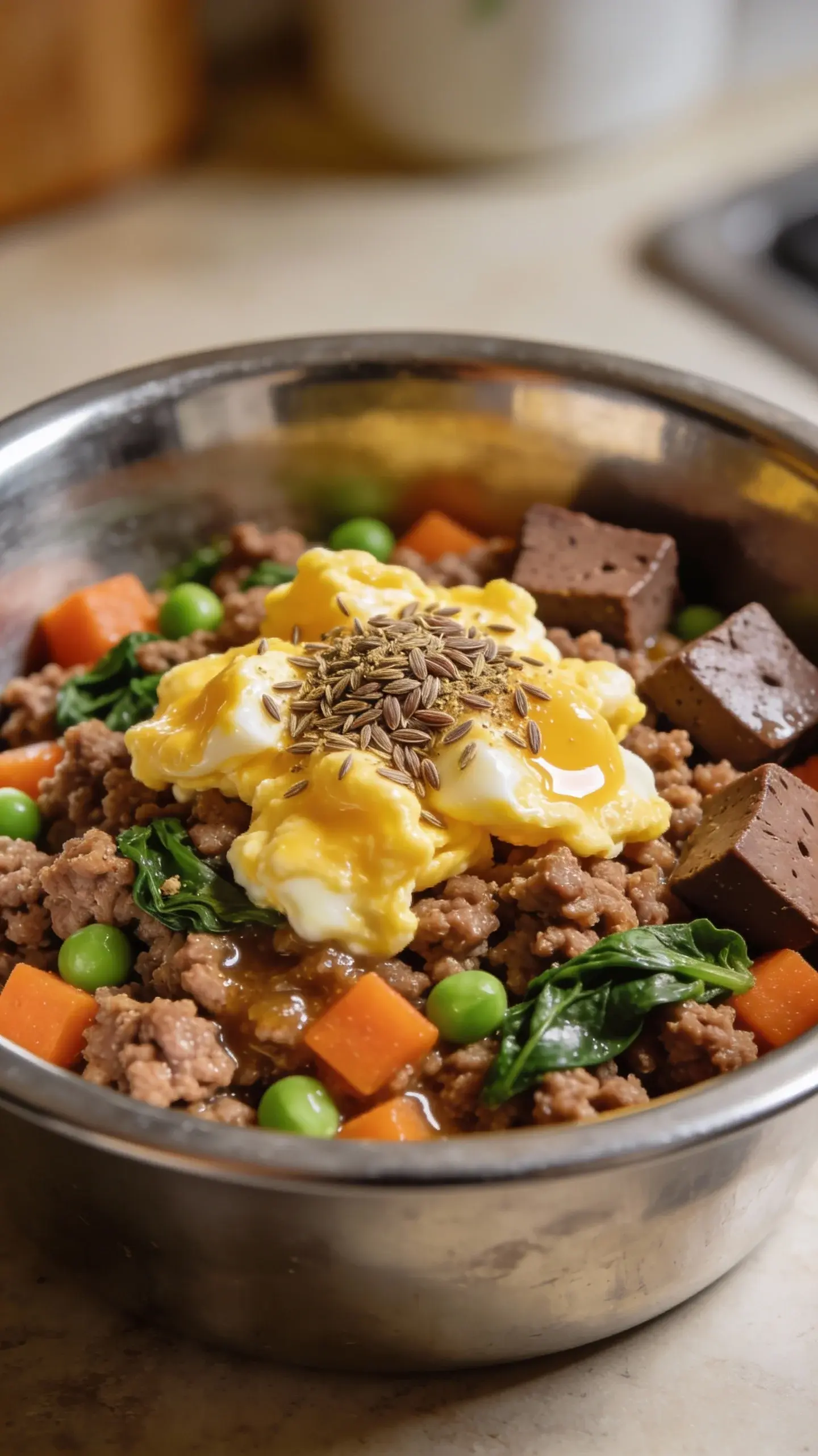 Extreme closeup of a homemade high-protein beef dog food in a stainless steel dog bowl: finely chopped lean ground beef browned with visible moisture, mixed with diced carrots, green peas, and chopped spinach; topped with glossy soft-cooked scrambled egg pieces and a sprinkle of ground flaxseed; a few beef liver cubes visible for nutrient boost; natural kitchen counter background with soft daylight, shallow depth of field, no text.