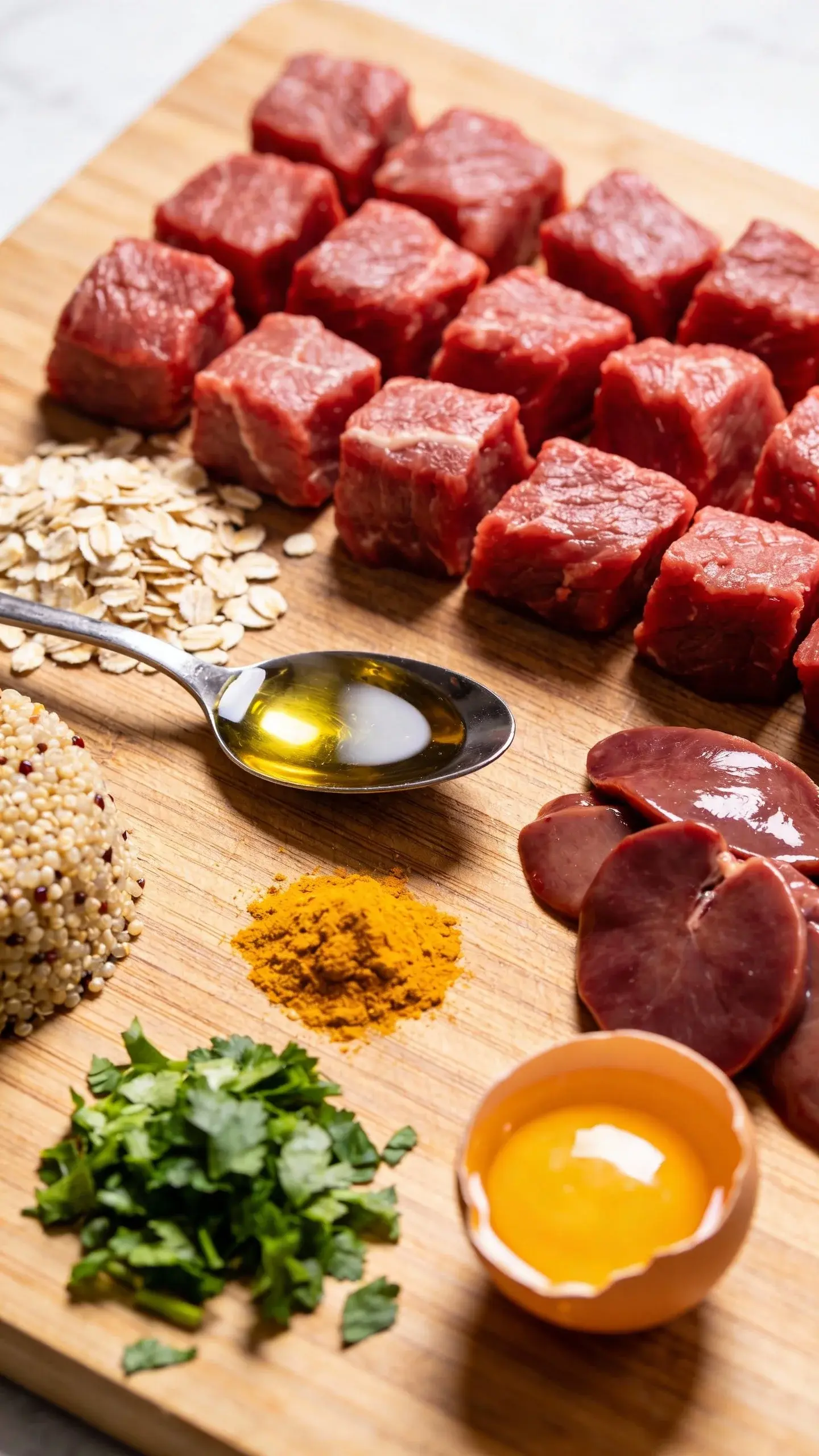 Overhead macro shot of raw beef-based dog food prep on a wooden cutting board: neatly arranged ingredients including lean beef cubes, beef heart slices, small pile of rolled oats, teaspoon of fish oil glistening, chopped parsley, turmeric pinch, and a cracked raw egg with yolk intact; a small mound of cooked quinoa off to the side to show carb balance; clean, bright natural light, high detail texture, no text.