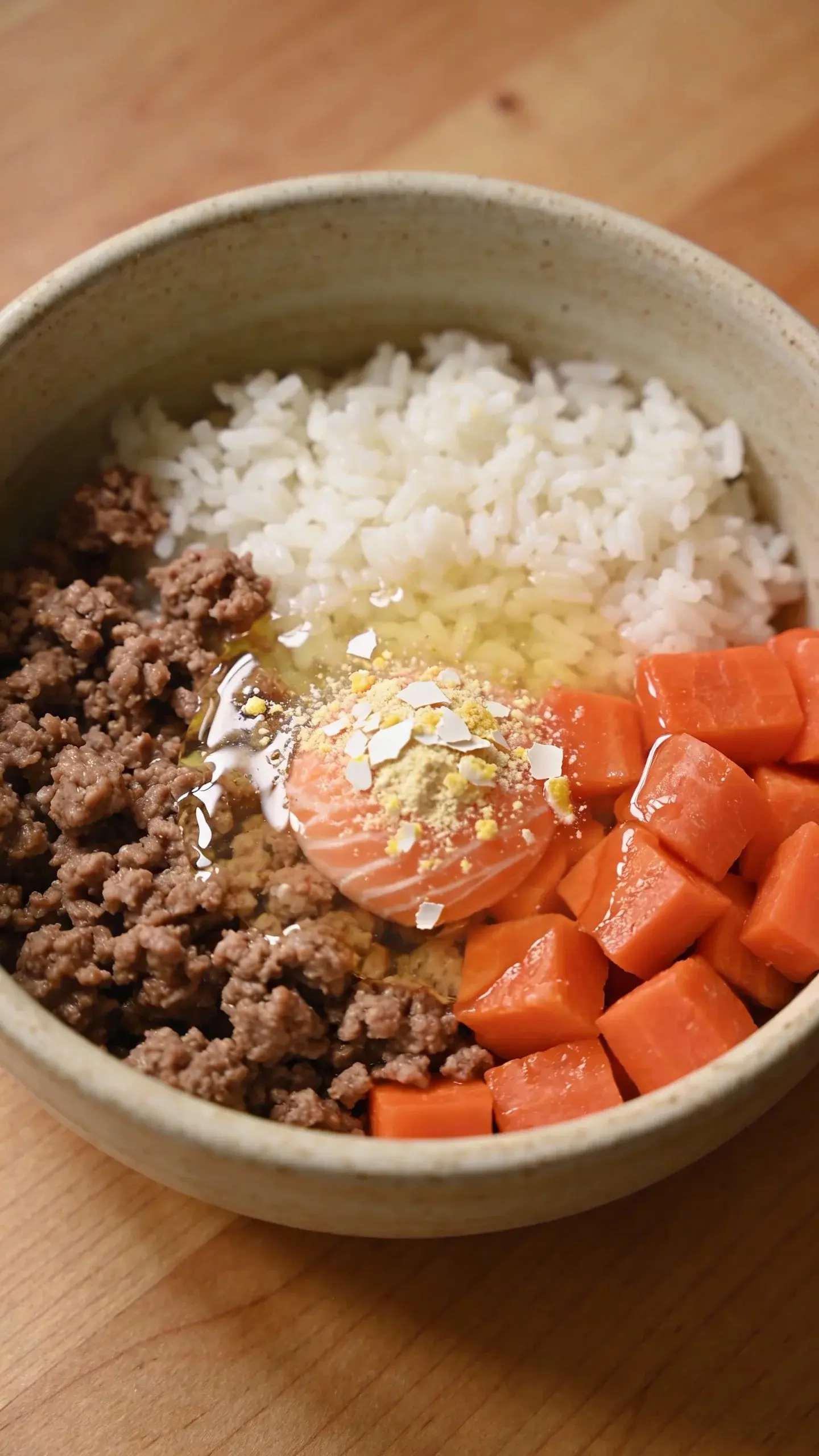Close-up overhead shot of a freshly cooked homemade dog food bowl: lean ground beef crumbles, diced carrots softened but still bright orange, steamed white rice, a drizzle of salmon oil glistening, and finely crushed eggshell powder lightly dusted on top. Natural daylight, shallow depth of field, rustic neutral ceramic bowl on a wooden countertop, no labels or text, focus on texture and moisture of each ingredient.