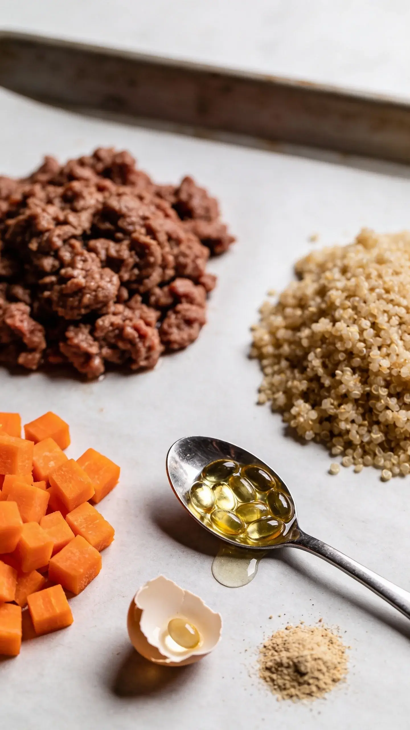 Macro close-up of ingredients pre-mix on a clean baking sheet: neatly separated piles of browned lean ground beef, small carrot cubes, cooked quinoa, and a small pinch of ground eggshell beside a teaspoon with a drop of fish oil beads. Soft side lighting, high detail, minimal shadows, neutral background, food photography style emphasizing freshness and color contrast, no packaging or text.