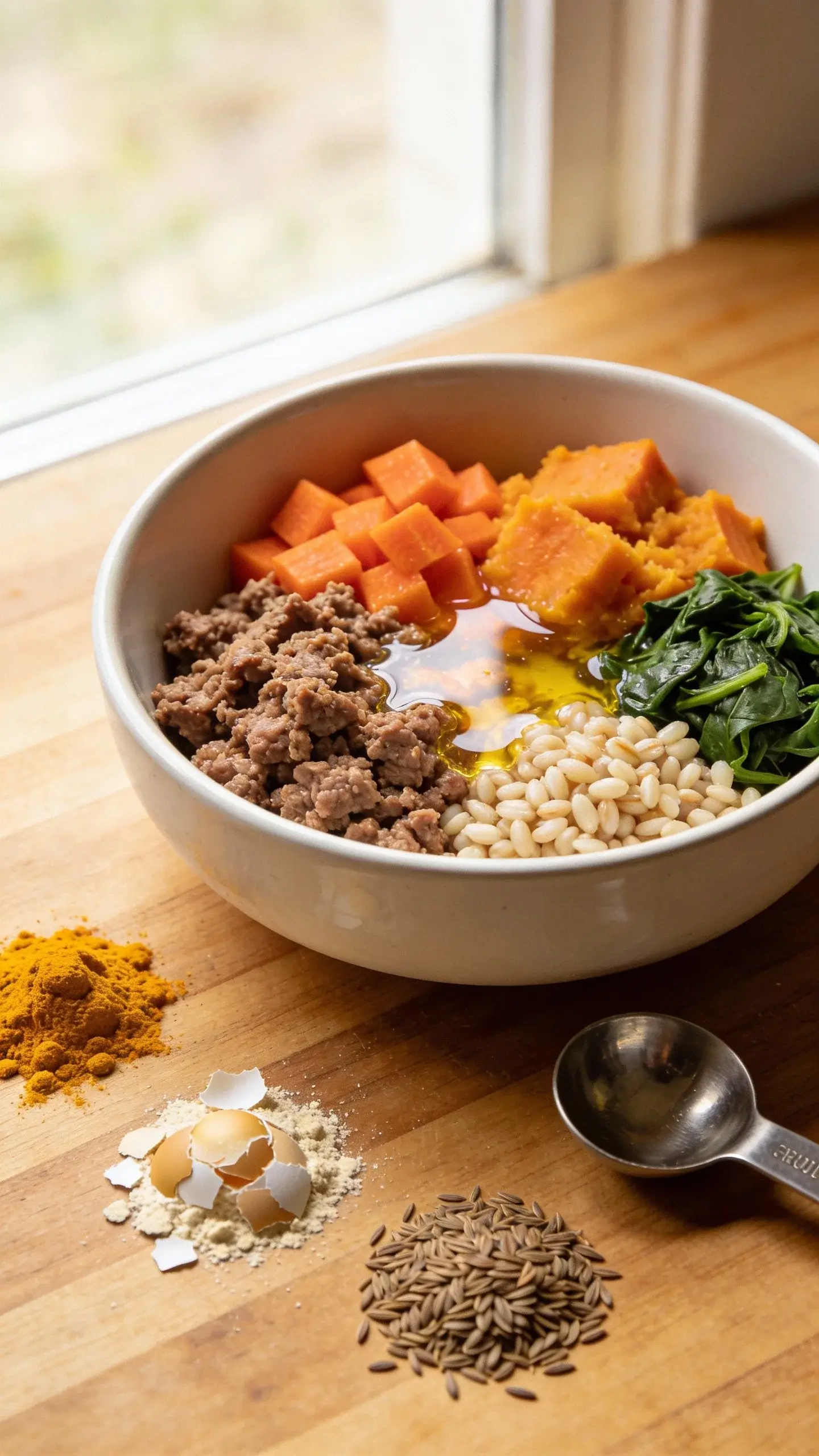 Extreme closeup of a shallow white ceramic bowl filled with a homemade senior-dog beef recipe: finely crumbled lean ground beef, soft diced carrots, mashed sweet potato, pearled barley, chopped spinach, and a glossy drizzle of salmon oil. Surrounding the bowl on a wooden countertop are small piles of turmeric powder, crushed eggshell powder (calcium), and ground flaxseed, plus a measuring spoon, all lit with soft natural window light to emphasize moist, easy-to-chew textures and warm, appetizing colors. No text.