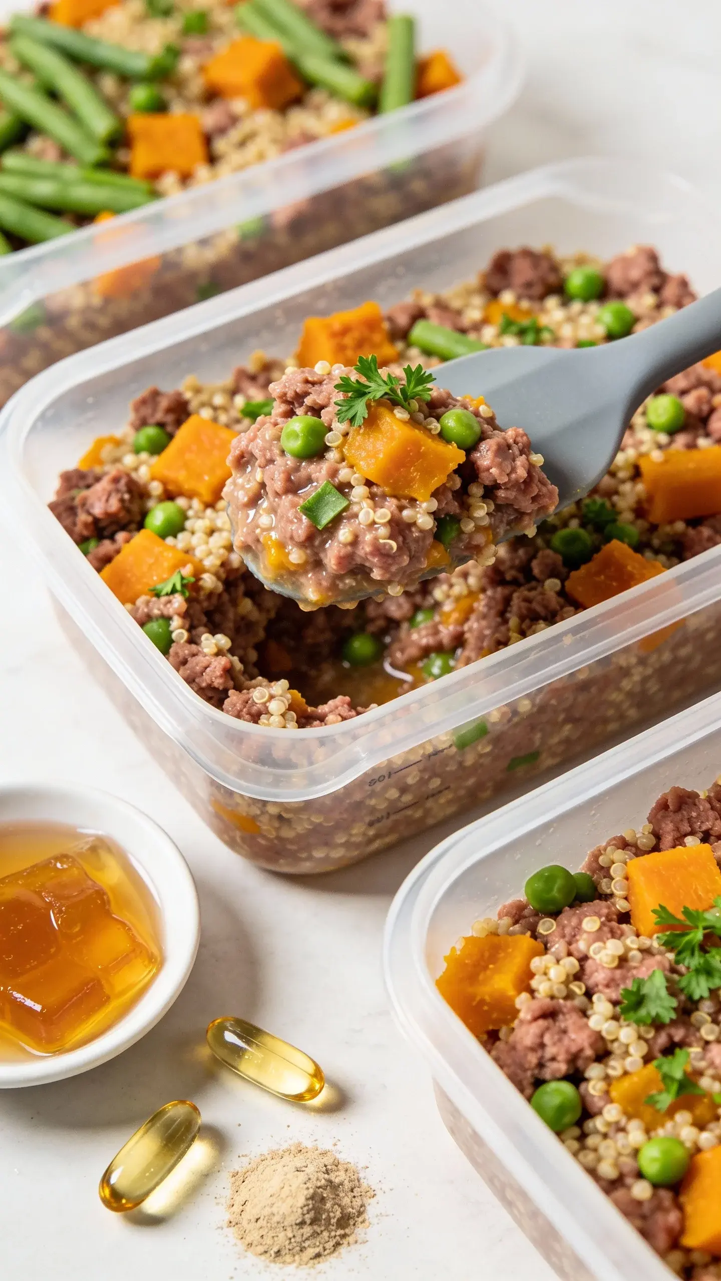 Macro shot of meal prep containers featuring the same senior-friendly beef mix: lean ground beef mixed with quinoa, pumpkin puree, peas, and finely chopped green beans, topped with a sprinkle of parsley and a few fish oil capsules placed to the side (not mixed in). Show a silicone spatula mid-scoop to reveal the soft, moist consistency; include a small dish of bone broth gel and a pinch of glucosamine/chondroitin powder nearby. Clean, bright kitchen setting with neutral background. No text.