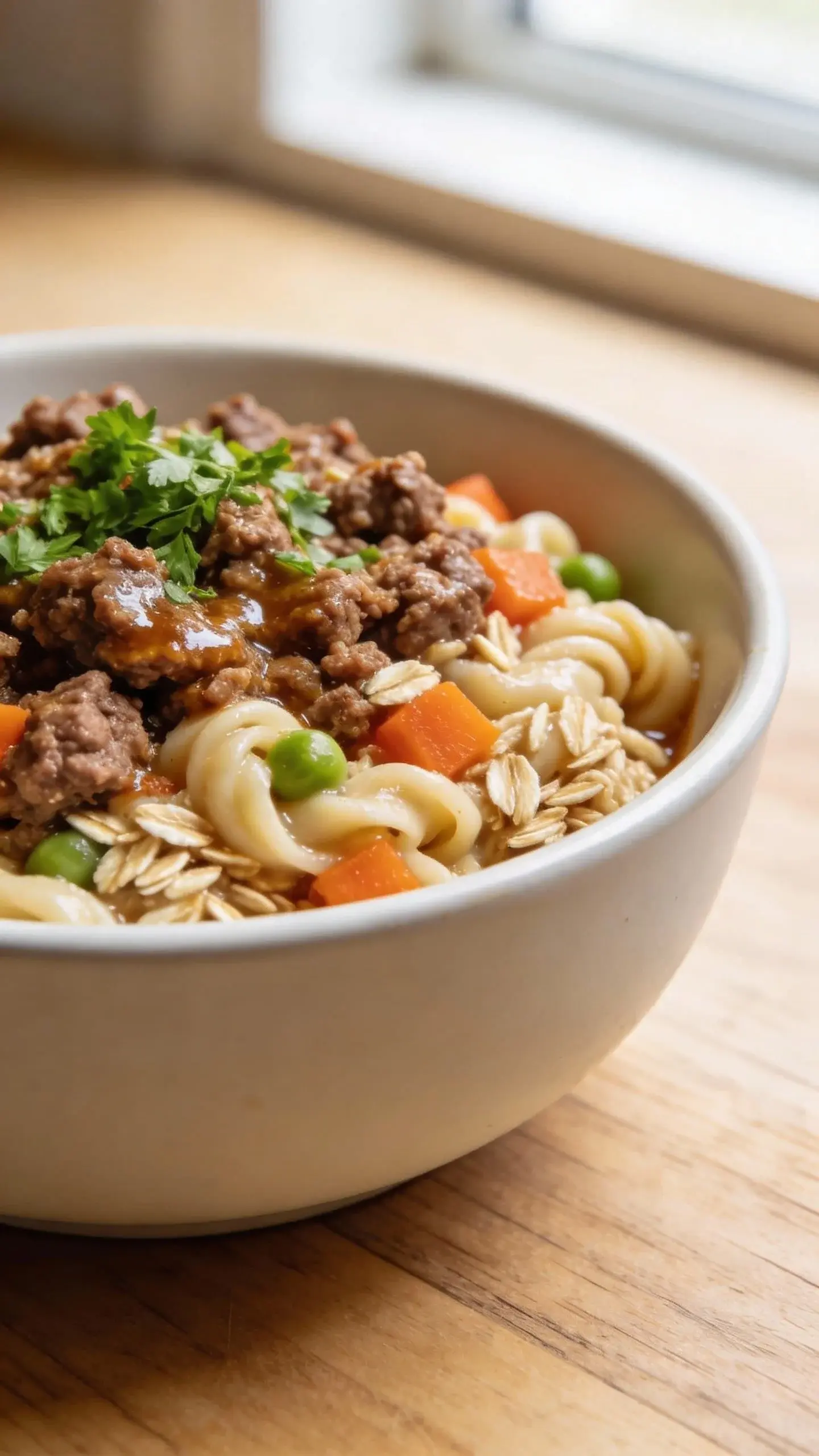 Extreme close-up of a freshly cooked homemade dog food bowl: lean ground beef crumbles glistening with natural juices, tender rolled oats swollen and creamy, finely diced carrots and peas folded through, a sprinkle of chopped fresh parsley on top; warm, natural kitchen window light, shallow depth of field highlighting texture of beef and oatmeal, neutral wooden surface background, no utensils, no labels, no text.