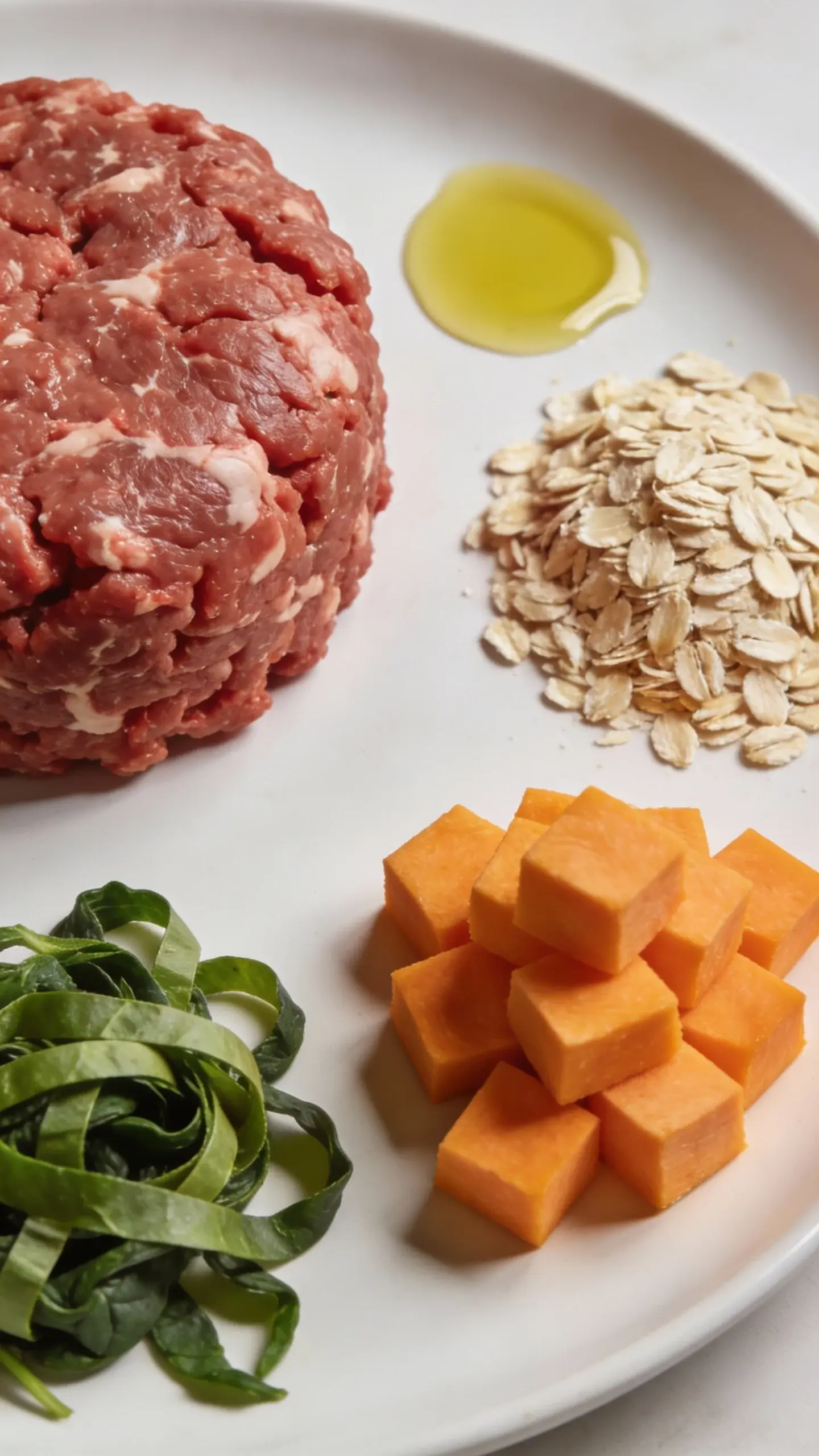 Macro shot of raw ingredients arranged for beef-and-oatmeal dog food: neat mound of raw 90% lean ground beef, separate pile of dry old-fashioned rolled oats, small stacks of chopped pumpkin cubes and spinach ribbons, a tiny drizzle of olive oil pooling nearby; clean white ceramic plate, soft diffuse daylight, high detail on grain texture and beef marbling, minimalist composition, no human hands, no packaging, no text.