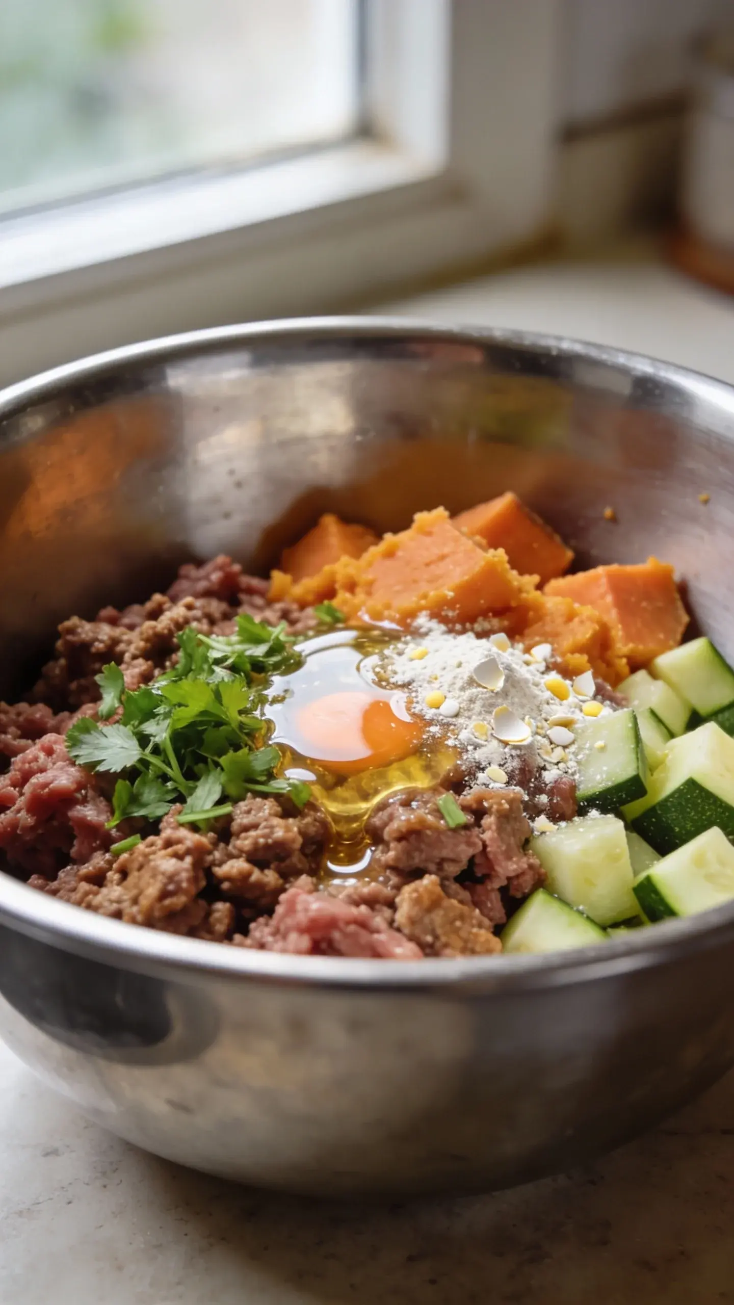 Extreme closeup of a stainless-steel mixing bowl on a kitchen counter with an allergy-friendly homemade beef dog food: finely ground lean beef lightly browned, mashed sweet potato, steamed diced zucchini, chopped flat-leaf parsley, a drizzle of salmon oil glistening on top, and a sprinkle of finely crushed calcium from eggshell powder. Natural window light, shallow depth of field, no labels or text, emphasis on fresh textures and moisture.