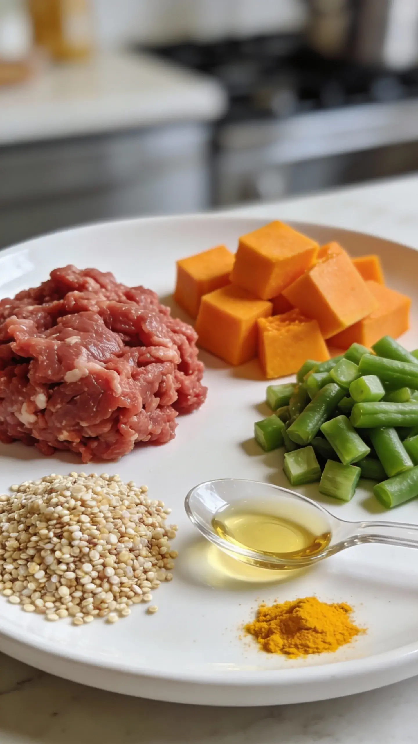 Macro shot of neatly separated ingredients on a white ceramic plate for hypoallergenic beef dog food prep: raw lean ground beef portion, cubed cooked pumpkin, steamed green beans chopped into small pieces, a small pile of quinoa (well-rinsed, cooked), and a clear teaspoon of fish oil alongside a pinch of turmeric. Clean, modern kitchen backdrop softly blurred, vibrant colors, no packaging or text, focus on clean, simple, grain-light components.