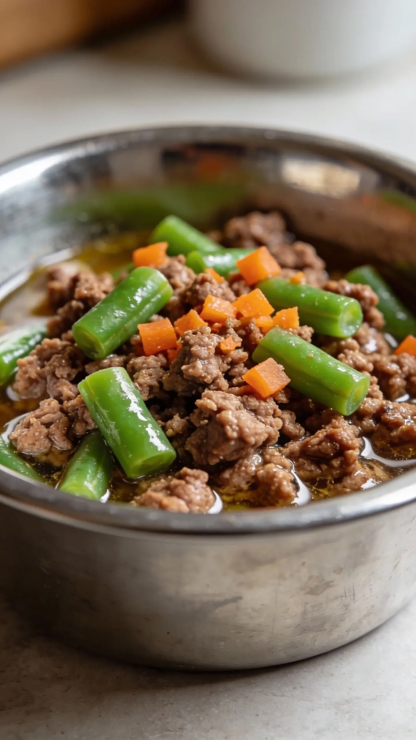 Extreme close-up of a freshly prepared dog bowl filled with lean ground beef and steamed green bean pieces, lightly glistening with a thin beef broth. Show visible texture of crumbled, browned 90–95% lean beef, bright green bean segments cut into 1-inch pieces, and a sprinkling of finely diced carrots for color. Natural light, neutral kitchen background blurred, shallow depth of field, no utensils, no labels, no text—just the food in a simple stainless steel dog bowl.