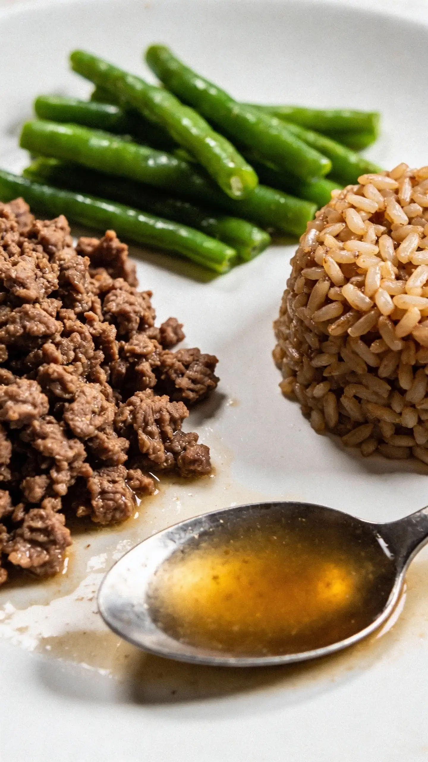 Macro shot of prepped ingredients on a clean white plate ready to mix for dog food: neatly portioned pile of cooked, crumbled extra-lean beef; vibrant steamed green bean segments; a small mound of plain cooked brown rice; and a teaspoon-sized pool of unseasoned beef stock for moisture. Emphasize textures and freshness, soft side lighting, minimal shadows, no human hands, no packaging, no text, tight framing on ingredients only.