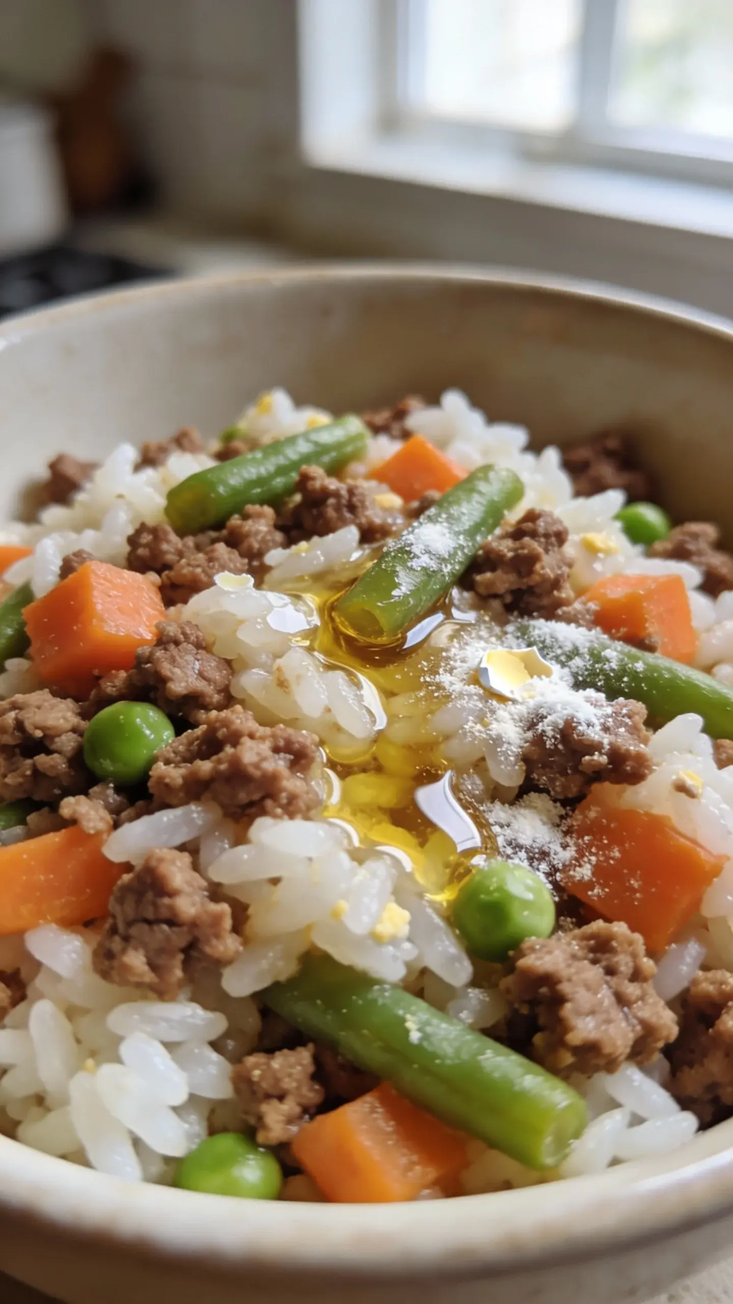 Extreme close-up of a freshly cooked homemade beef dog food bowl: small crumbles of browned lean ground beef mixed with finely diced carrots, green beans, and peas, folded into fluffy cooked white rice; a glossy drizzle of salmon oil lightly coating the mixture; a sprinkle of ground eggshell calcium visible as a fine white dust; soft, natural window light, shallow depth of field, neutral kitchen background, no text, no hands, focus on texture and moisture.