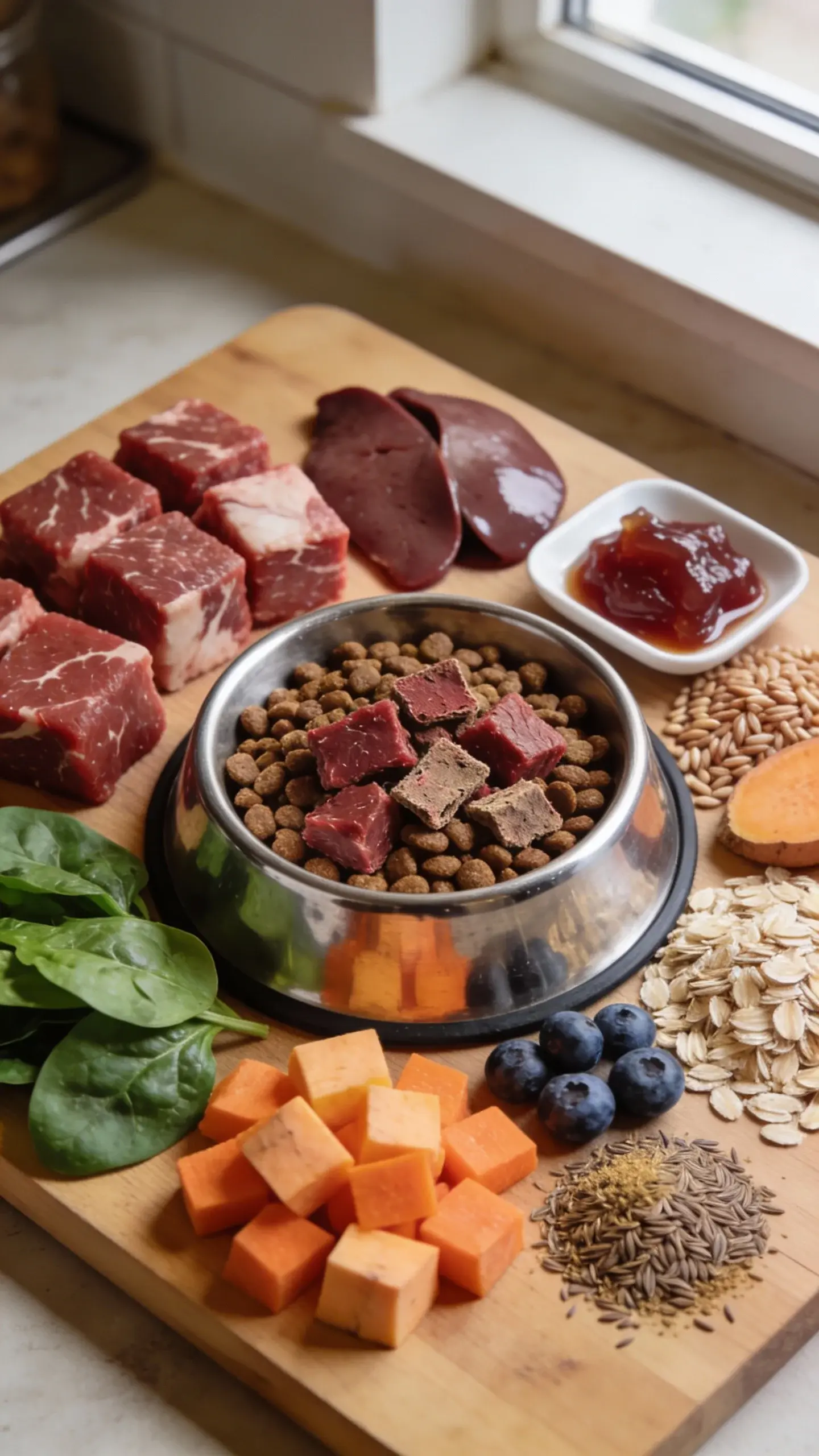 Ultra-detailed close-up of a stainless steel dog bowl filled with premium beef-based kibble and visible freeze-dried beef chunks, surrounded by neatly arranged raw ingredients on a wooden cutting board: lean beef cubes with visible marbling, beef liver slices, a small dish of beef tallow, cracked brown rice, rolled oats, chopped sweet potato, diced carrots, spinach leaves, blueberries, and a sprinkle of ground flaxseed. Natural window light, shallow depth of field, crisp texture, no labels or text, kitchen countertop setting.