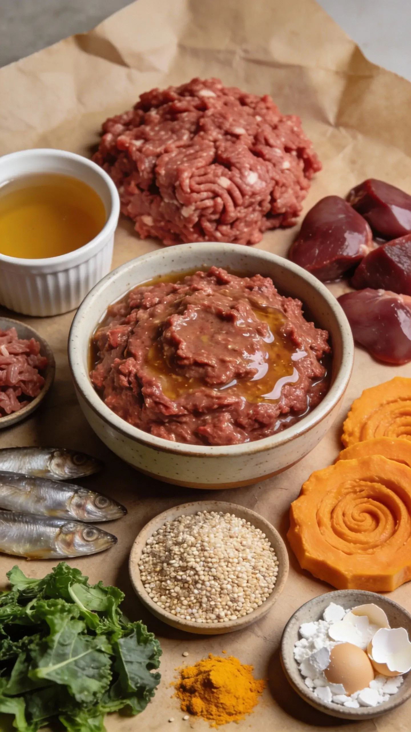 Macro shot of a wet beef dog food mash in a ceramic bowl, showing rich meaty texture and gelatinous gravy, with ingredients staged around it: raw grass-fed beef mince, beef heart pieces, a ramekin of bone broth, minced sardines for omega-3s, quinoa, pumpkin puree swirls, finely chopped kale, turmeric pinch, and crushed eggshell calcium in a tiny dish. Rustic butcher-paper backdrop, soft diffused overhead lighting, high-resolution detail, no brands or text.