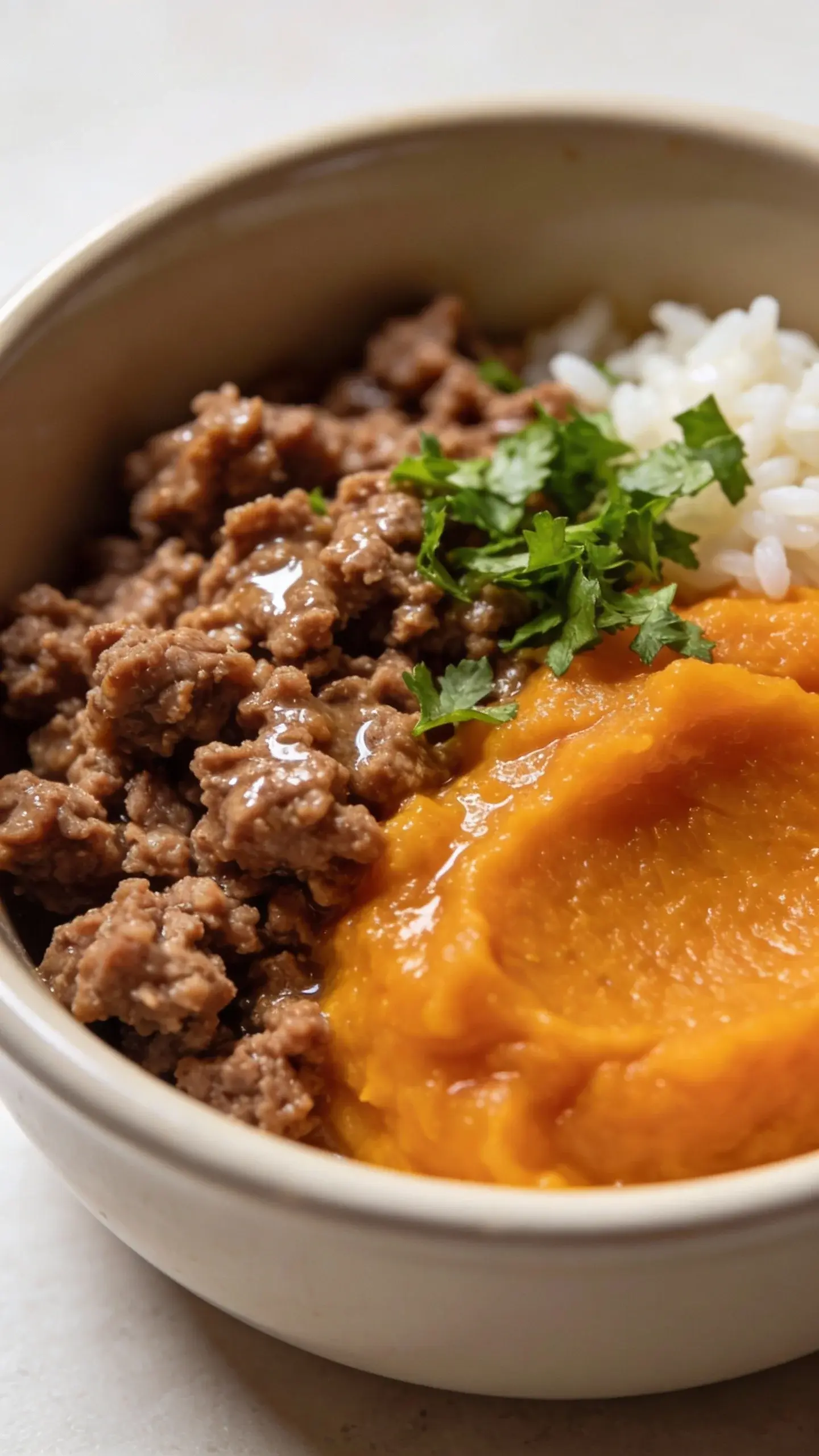 Extreme closeup of a homemade dog food bowl on a clean kitchen counter: lean ground beef lightly browned and crumbled, mixed with smooth plain canned pumpkin, a sprinkle of finely chopped flat-leaf parsley, and a few visible cooked white rice grains for texture. Ingredients look moist and freshly prepared, warm neutral lighting, shallow depth of field focusing on the glossy beef and vibrant orange pumpkin. No utensils, no text, no dog visible.