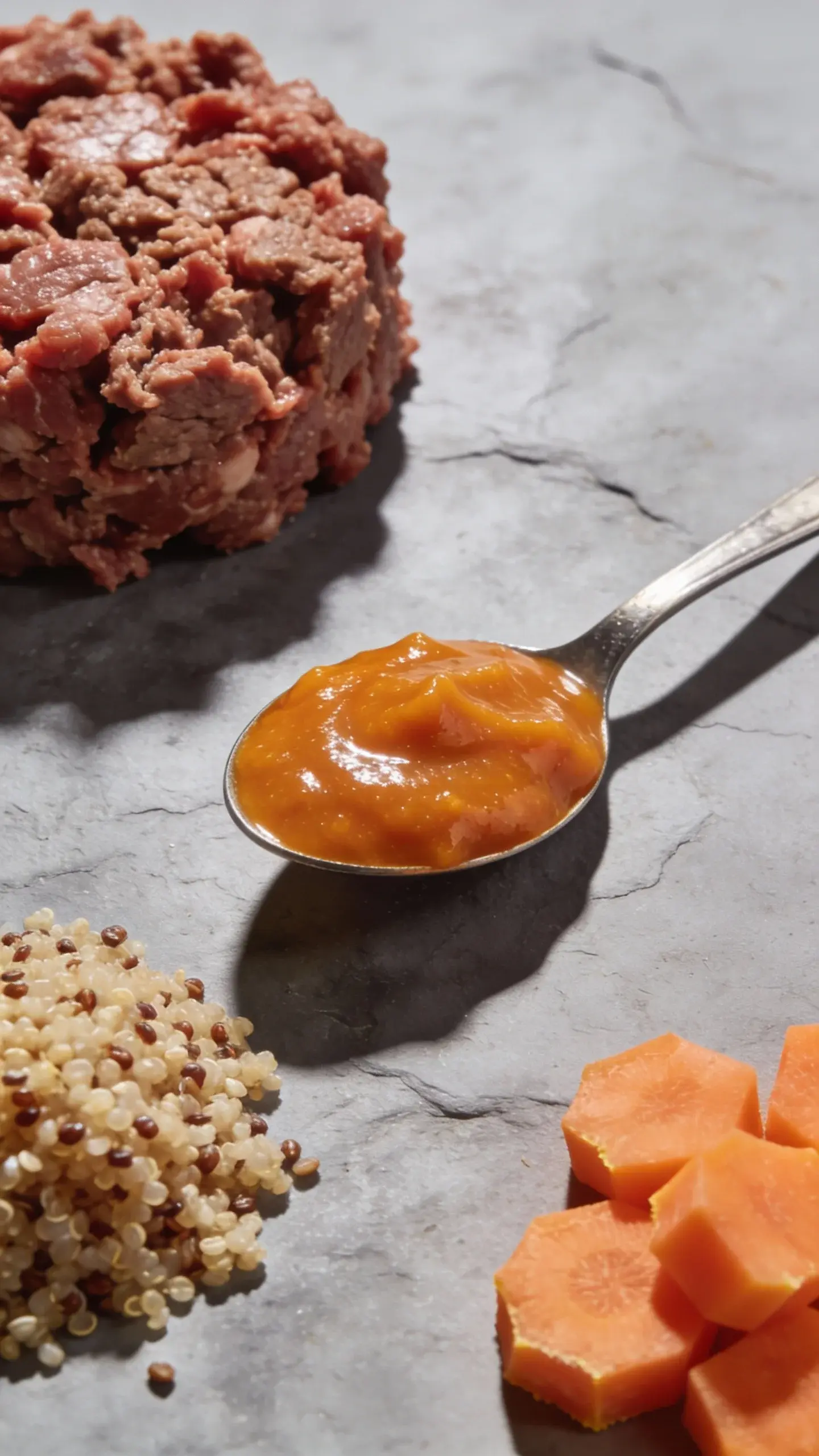 Flat lay macro shot of separated dog-safe ingredients on a cool gray stone surface: a neat mound of cooked lean ground beef, a glossy spoonful of bright orange canned pumpkin, a small pile of cooked quinoa, and a few peeled, steamed carrot coins finely diced. Natural daylight from the side to highlight textures, minimal shadows, high detail on fibers of beef and smooth pumpkin. No packaging, no text, no human or dog present.