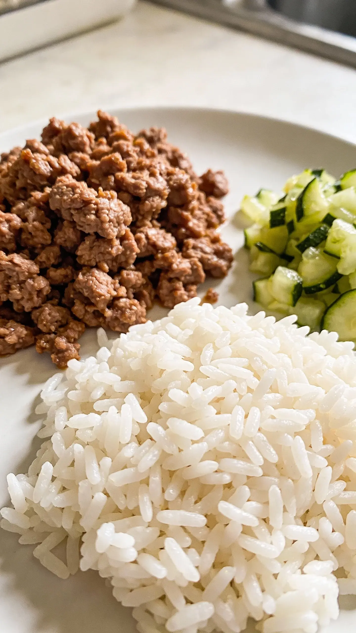 Macro close-up of separated ingredients before mixing: neat piles of 95% lean ground beef cooked and drained (crumbly, browned with no visible fat), plain white rice (individual grains distinct), and a small section of finely chopped, lightly steamed zucchini. Arranged on a matte white platter with natural light highlighting texture and freshness. Background softly blurred kitchen surface, minimal color palette, clean and simple, no props, no text.