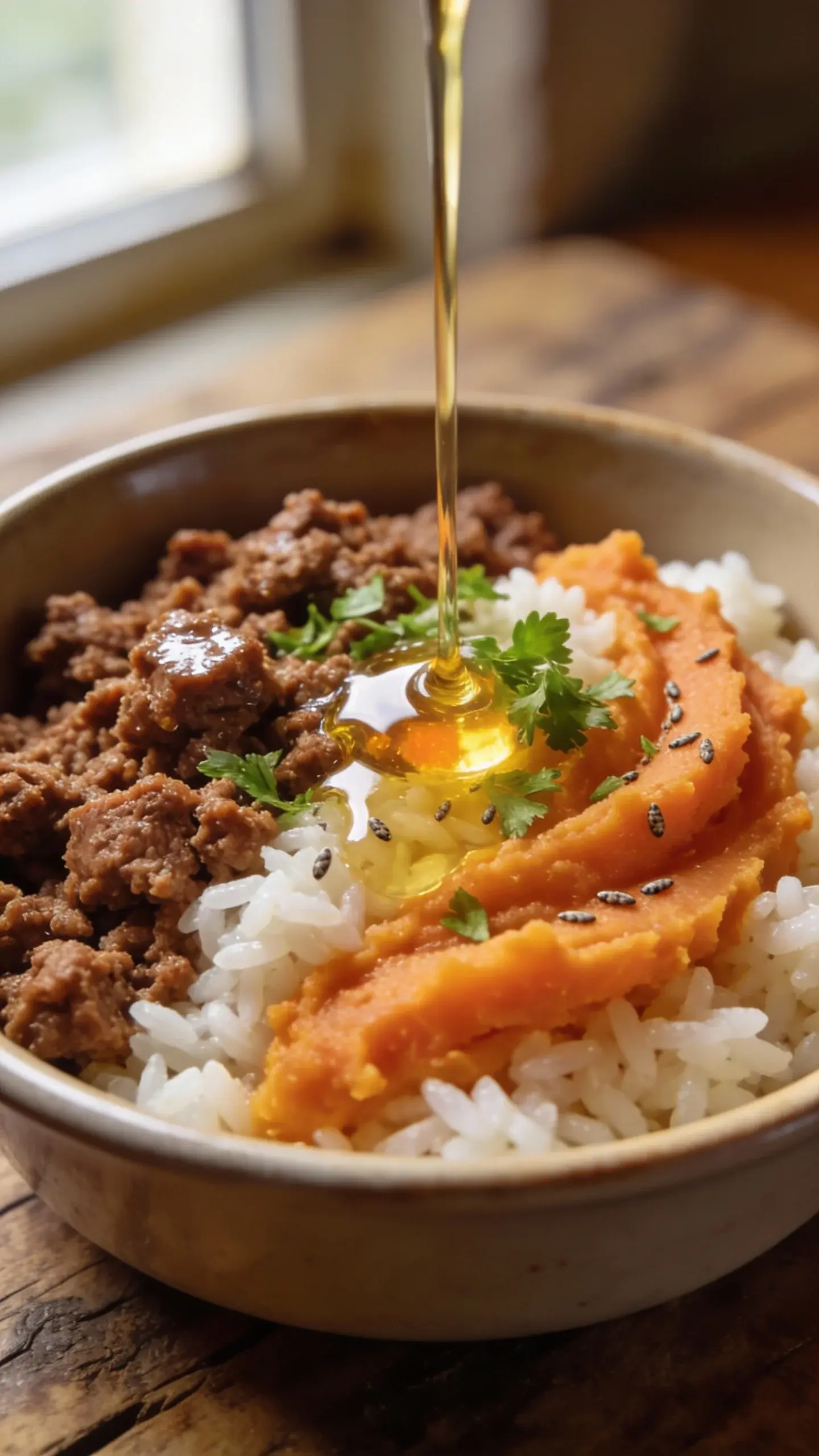 Extreme close-up of a warm, home-cooked beef dog food bowl on a rustic wooden surface: finely crumbled lean ground beef browned with a slight gloss, fluffy short-grain white rice, mashed sweet potato swirled through, finely chopped parsley sprinkled on top, a drizzle of golden salmon oil catching light, and a few visible chia seeds for texture. Natural window light, shallow depth of field, no utensils or packaging, no text.