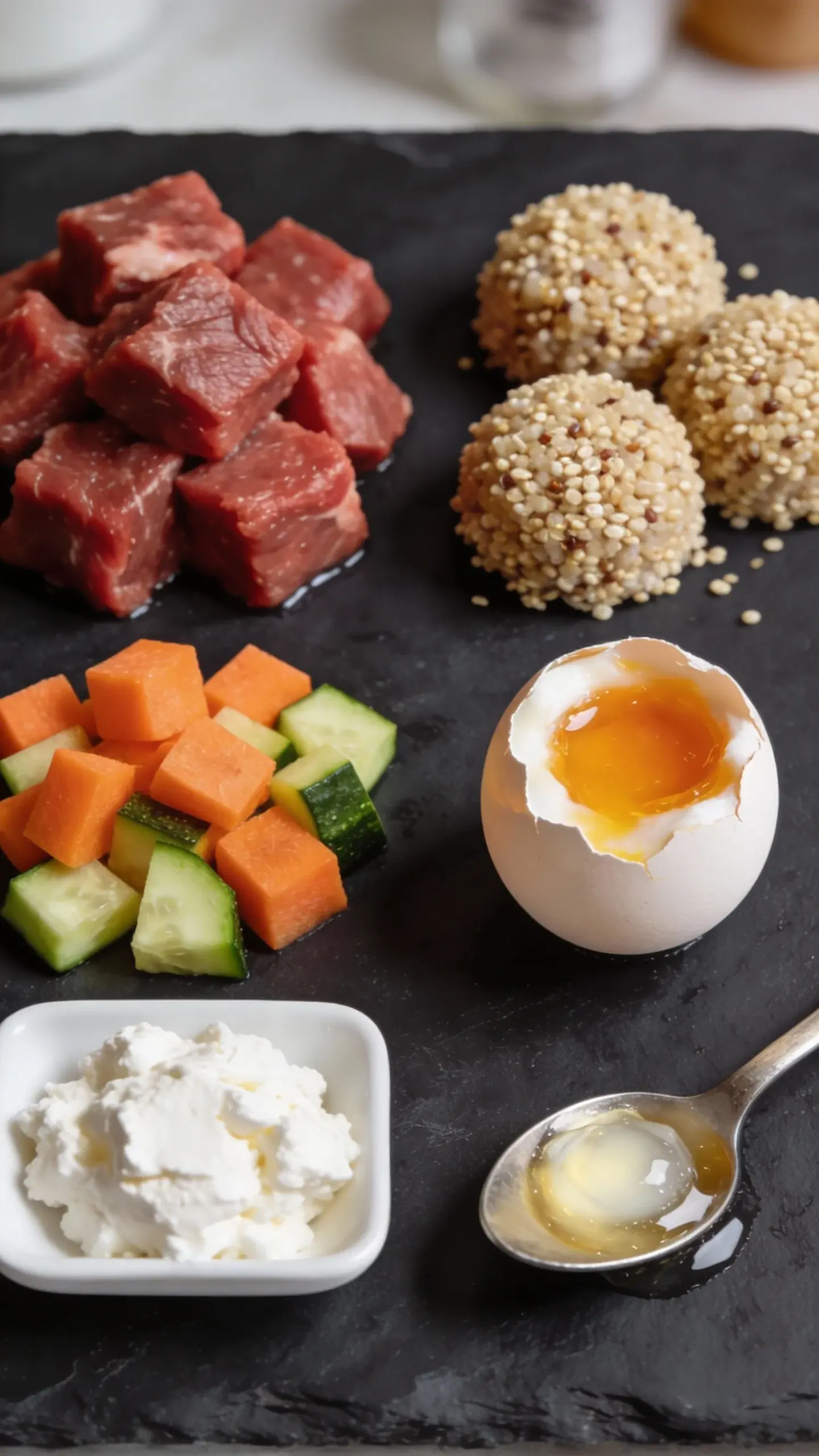 Overhead close-up of neatly separated ingredients on a dark slate board: raw lean beef cubes, cooked quinoa mounds, diced carrots and zucchini lightly steamed, a cracked soft-boiled egg showing jammy yolk, a small dish of cottage cheese, and a spoonful of coconut oil starting to soften. Clean, modern kitchen backdrop softly blurred, vibrant but natural colors, no human hands, no text.