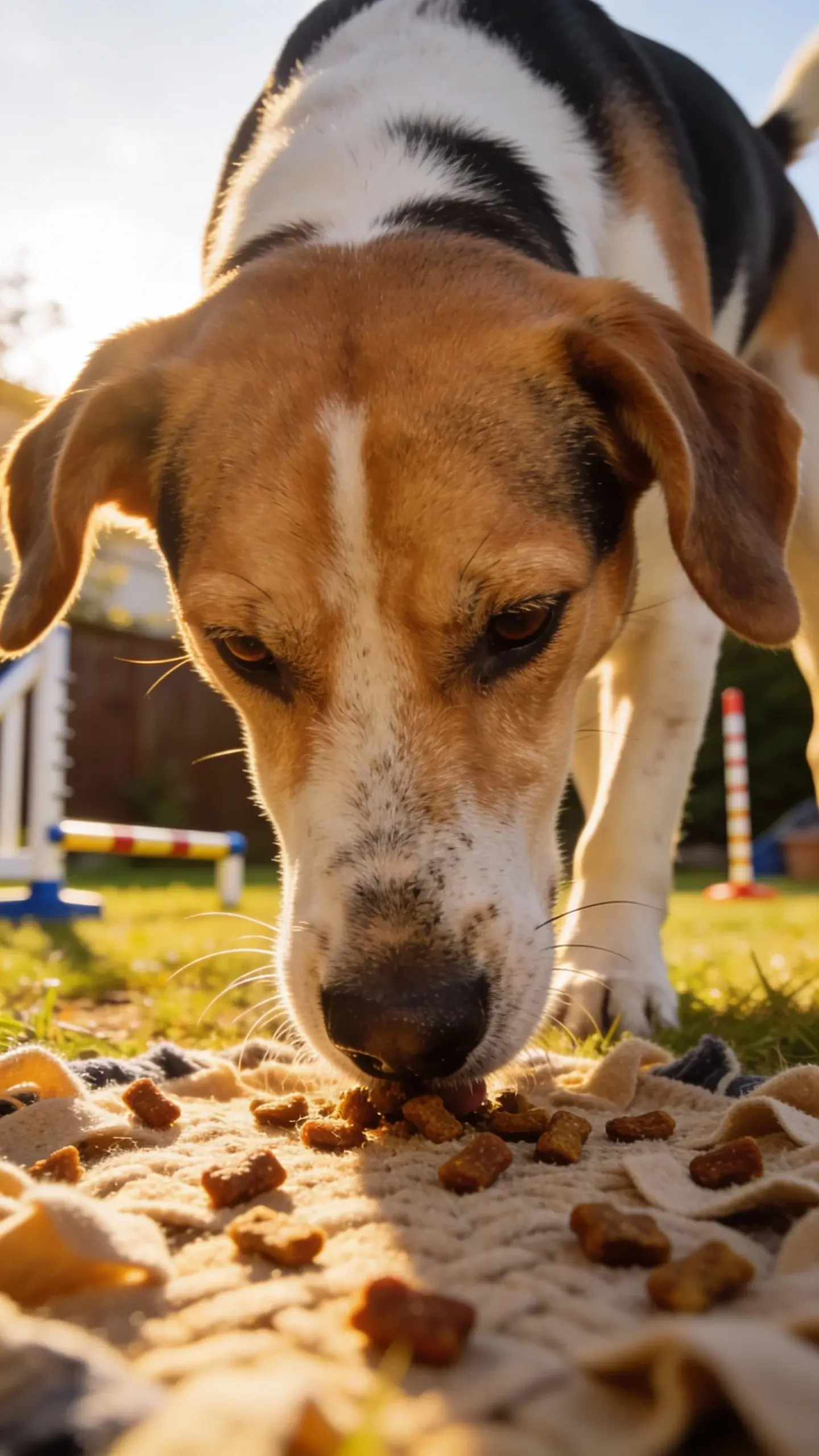 Close-up action shot of an adult Beagle with classic tricolor coat (white, black saddle, tan face and ears) in a bright backyard during golden hour, nose to the ground actively sniffing a snuffle mat scattered with small high-value treats; ears slightly flopped forward, eyes focused, whiskers visible; shallow depth of field highlighting the Beagle’s muzzle and nose texture; background shows subtle agility items (low jump bar, weave poles) out of focus to suggest training; natural lighting, vibrant but realistic colors, dynamic composition capturing the moment of scent-driven focus, no text.