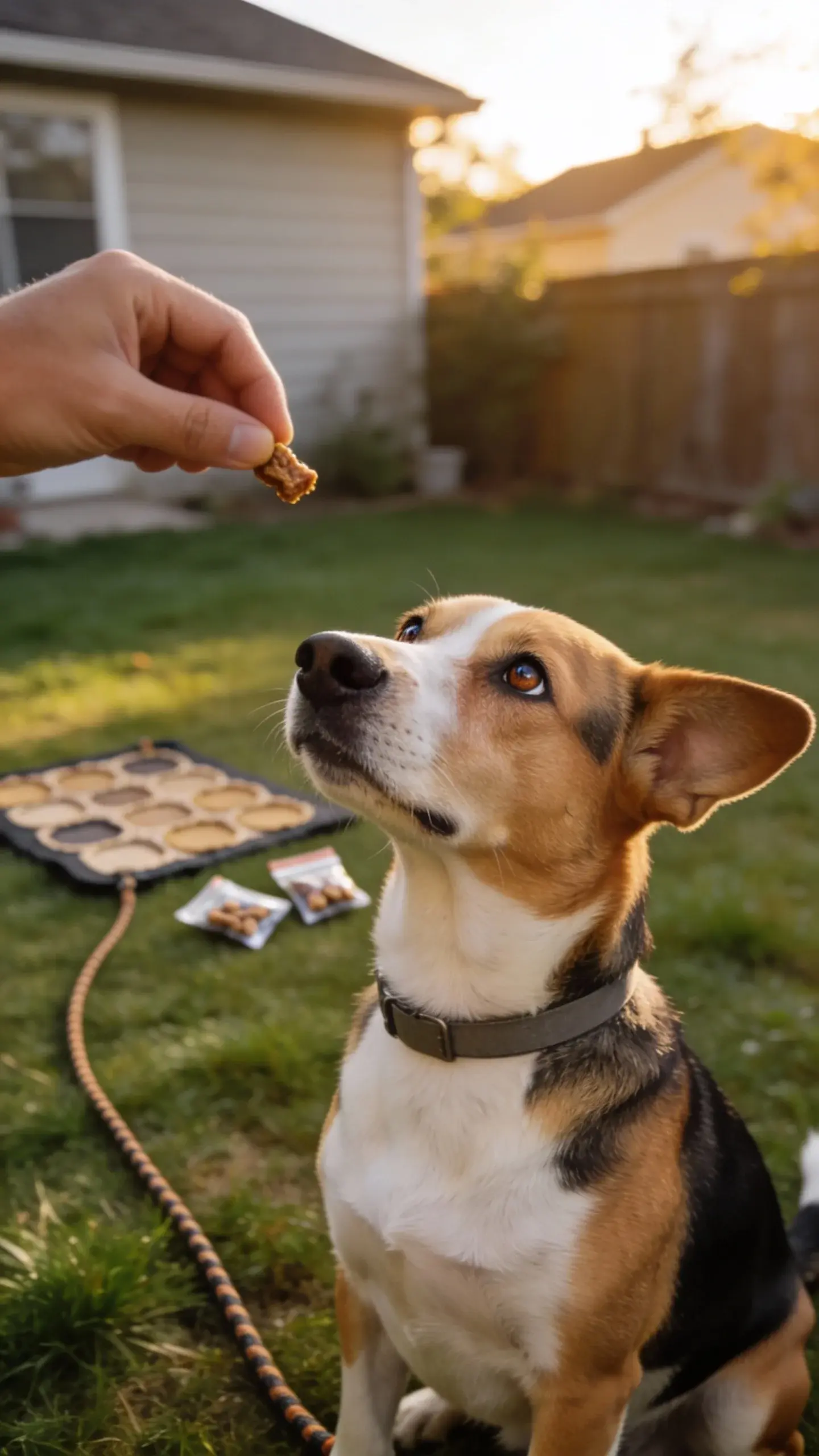 Close-up photo of an adult Beagle with classic tricolor coat (white chest, tan face, black saddle), wearing a simple flat collar, in a suburban backyard during golden hour. The dog is in a focused sit-stay, eyes locked on a trainer’s hand holding a small treat just off-camera, one ear slightly lifted as if listening. A long training line lies on the grass, and a scent-snuffle mat and a couple of tiny treat pouches are visible blurred in the background. Shallow depth of field, natural warm lighting, realistic detail emphasizing the Beagle’s expressive eyes and nose, no text, no people visible beyond hands.