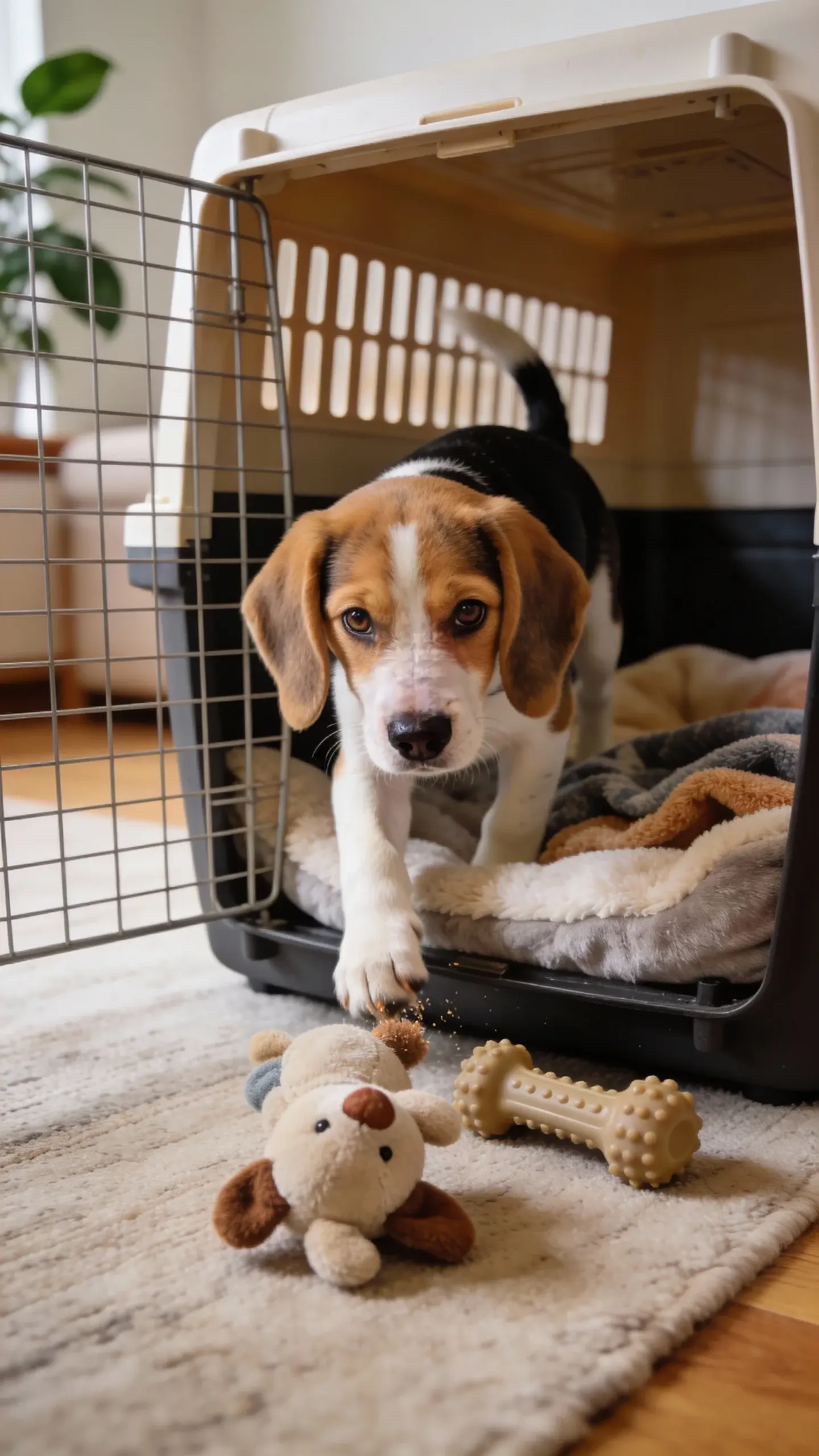 Close-up, eye-level shot of a young Beagle puppy (tricolor: white, tan, black) curiously stepping into an open wire crate in a cozy living room. The crate contains a soft, plush bed, a snuggly blanket, and a safe rubber chew toy; a small stuffed toy sits just outside the entrance to entice the puppy. Warm natural morning light from a nearby window creates a calm, inviting vibe. Background shows a tidy space with a neutral rug and a houseplant, subtly blurred to keep focus on the Beagle’s expressive eyes and inquisitive nose as it sniffs the crate doorway. No text.