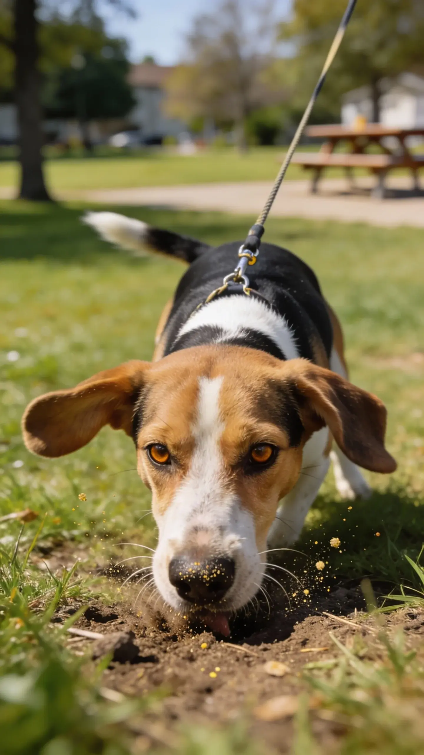 Close-up action shot of a young adult Beagle on a long training line in a grassy suburban park, nose to the ground intensely sniffing a scent trail, floppy ears slightly lifted mid-movement, focused amber eyes, short tri-color coat (black saddle, white chest, tan face), natural daylight, shallow depth of field with soft bokeh of distant trees and a blurred picnic area, subtle dust/pollen motes in sunlight, no collar tags visible, realistic documentary style, high detail of whiskers and nose texture, candid moment emphasizing scent-driven behavior.