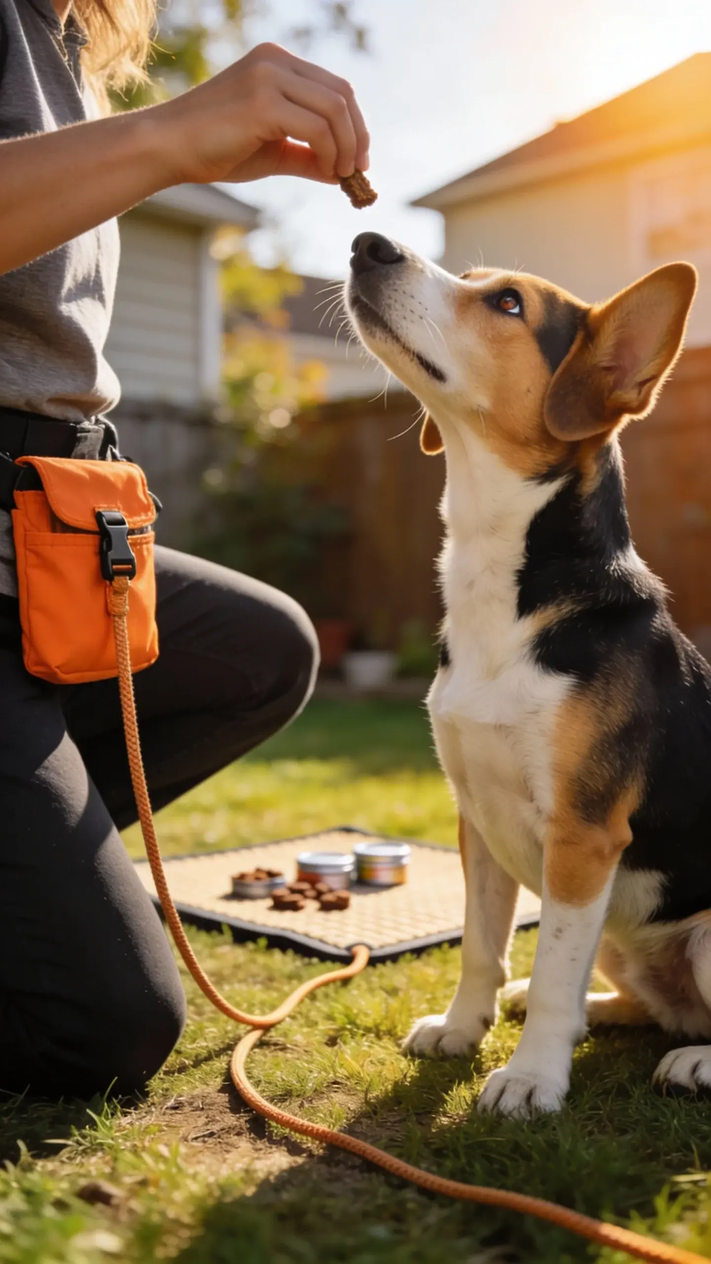 Close-up action shot of a tricolor Beagle (black, white, tan) during a training session in a sunny suburban backyard, nose slightly lifted sniffing the air, ears perked, eyes focused on a small treat held low by a kneeling trainer’s hand; the dog’s body in a sit position on short grass, a bright orange treat pouch clipped to the trainer’s waist, a lightweight 15-foot long line trailing on the ground for safety, a simple scent mat and a few scattered scent tins visible blurred in the background; warm golden-hour lighting, shallow depth of field, realistic texture of fur and whiskers, natural colors, no text.