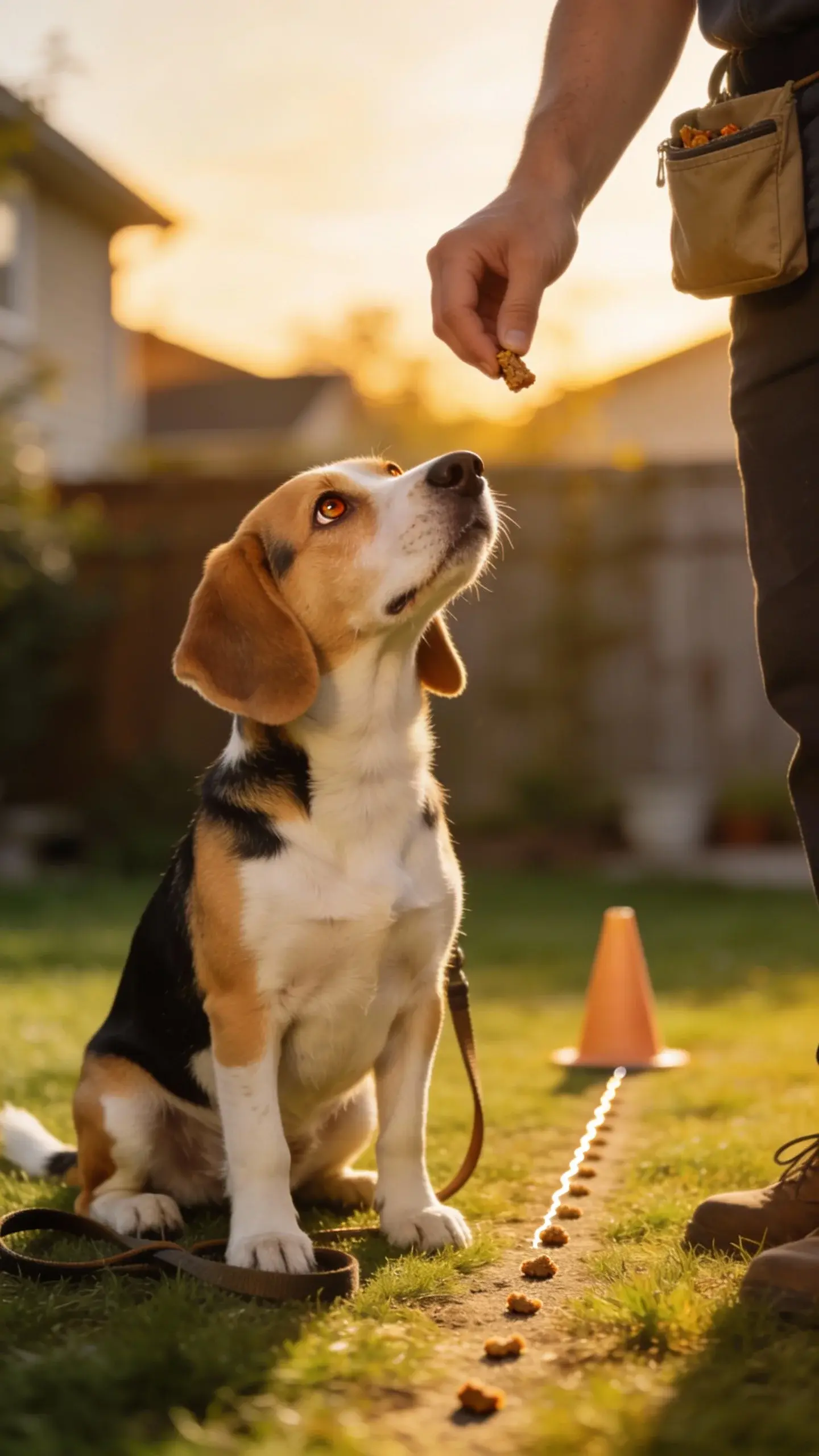 Close-up of a young Beagle with expressive amber eyes and tricolor coat (white, tan, black) in a bright suburban backyard during golden hour, focusing intently on a trainer’s hand holding a small treat pouch at waist level; the Beagle is mid-sit beside a loose, slack leash, nose slightly lifted as if catching a scent, with a simple cone marker and a short line of scent sniff dots (small treat crumbs) on the grass leading up to the Beagle, shallow depth of field, natural lighting, no text, realistic photography style.