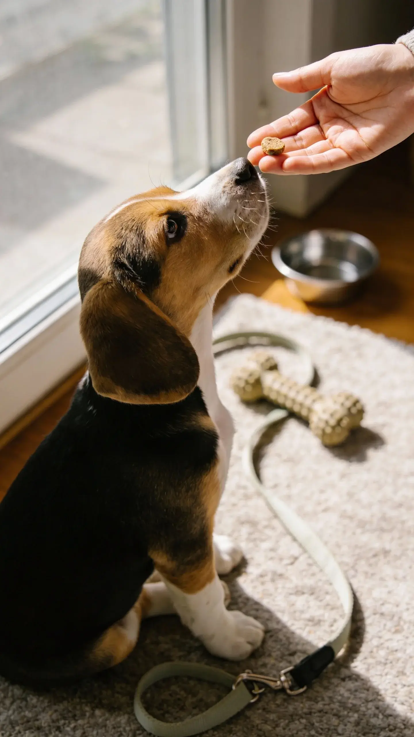 Close-up photo of an 8–12 week old beagle puppy indoors during a calm morning training session: the puppy sits on a soft rug by a sunlit window, nose lifted and sniffing a trainer’s open palm holding a single kibble, gentle eye contact and floppy ears forward; a lightweight clip-on leash lies slack on the floor, a chew toy and a small stainless steel water bowl are visible but slightly out of focus; warm natural light, shallow depth of field, realistic texture of tri-color coat (black saddle, white paws, tan face), clean cozy home setting, documentary-style, no text.