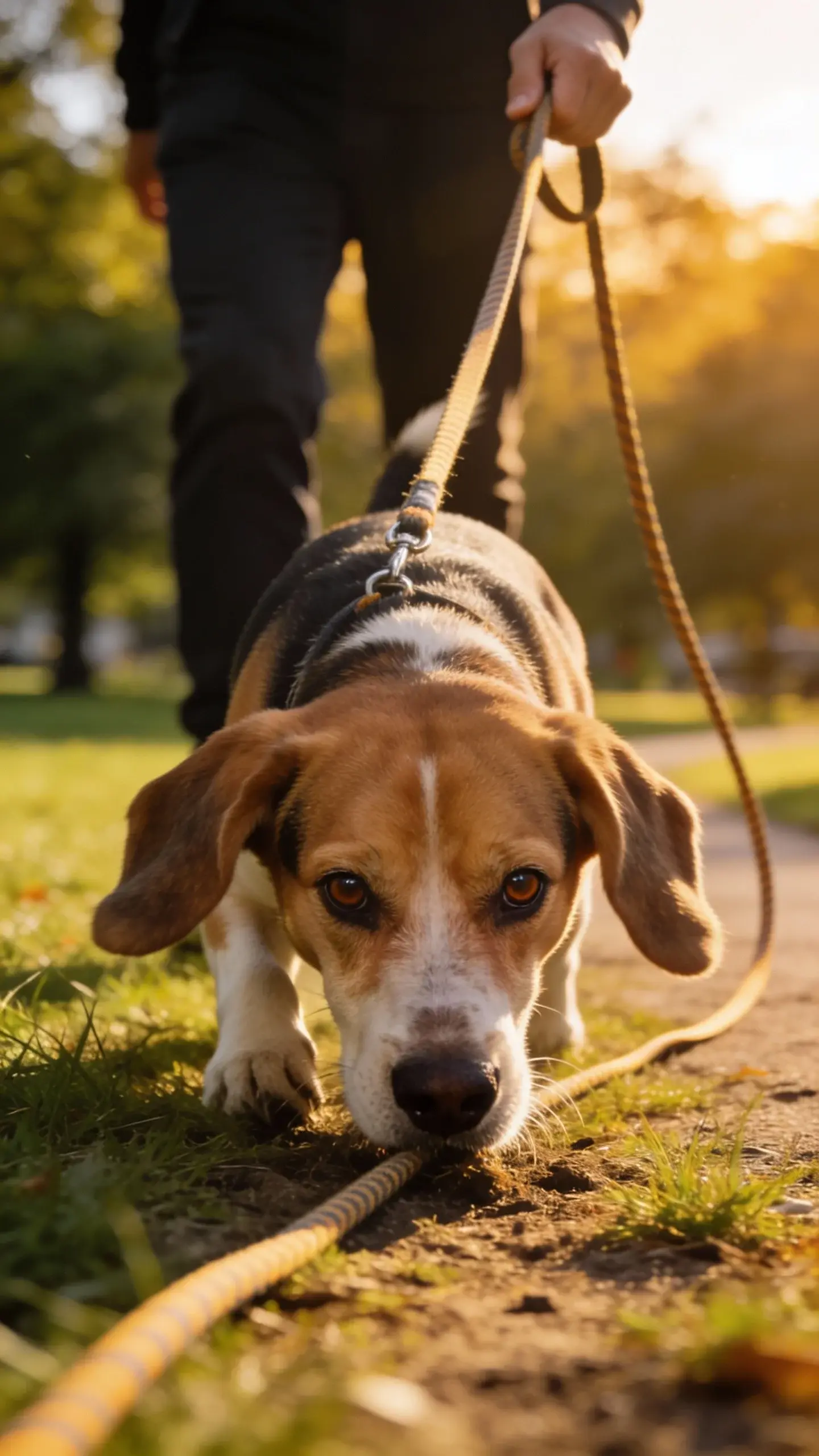 Close-up action shot of an adult Beagle outdoors on a grassy park path, nose glued to the ground following a scent trail, long 25-foot training line visibly trailing behind, handler’s lower legs and hand lightly holding the line in the background, golden late-afternoon light, shallow depth of field focusing on the Beagle’s expressive eyes and floppy ears, realistic photography, natural colors, slight motion blur on the leash to suggest movement, no text.