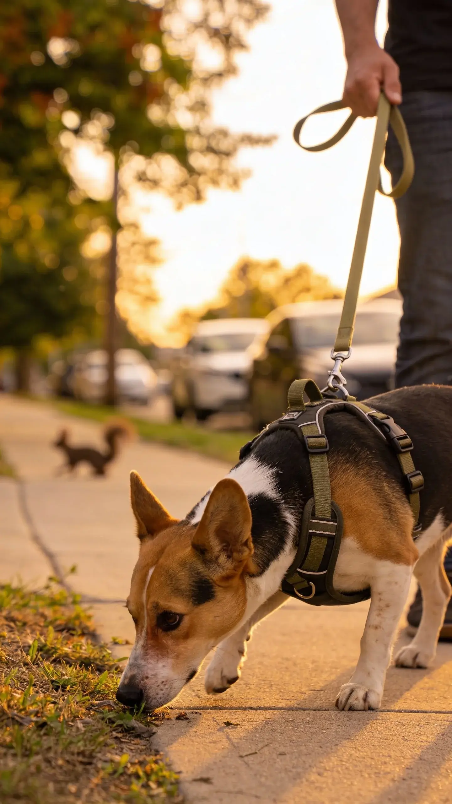 Close-up photo of an adult tri-color beagle on a suburban sidewalk during golden-hour light, wearing a well-fitted front-clip harness attached to a loose 6-foot leash held by a person whose body is cropped out above the waist (only hand and thigh visible), the beagle’s nose lowered toward the ground sniffing but head slightly turned back toward the handler as if checking in, ears perked, focused expression, shallow depth of field with softly blurred background of trees, parked cars, and a distant squirrel silhouette, natural candid feel, high-resolution, realistic lighting and texture, no text.