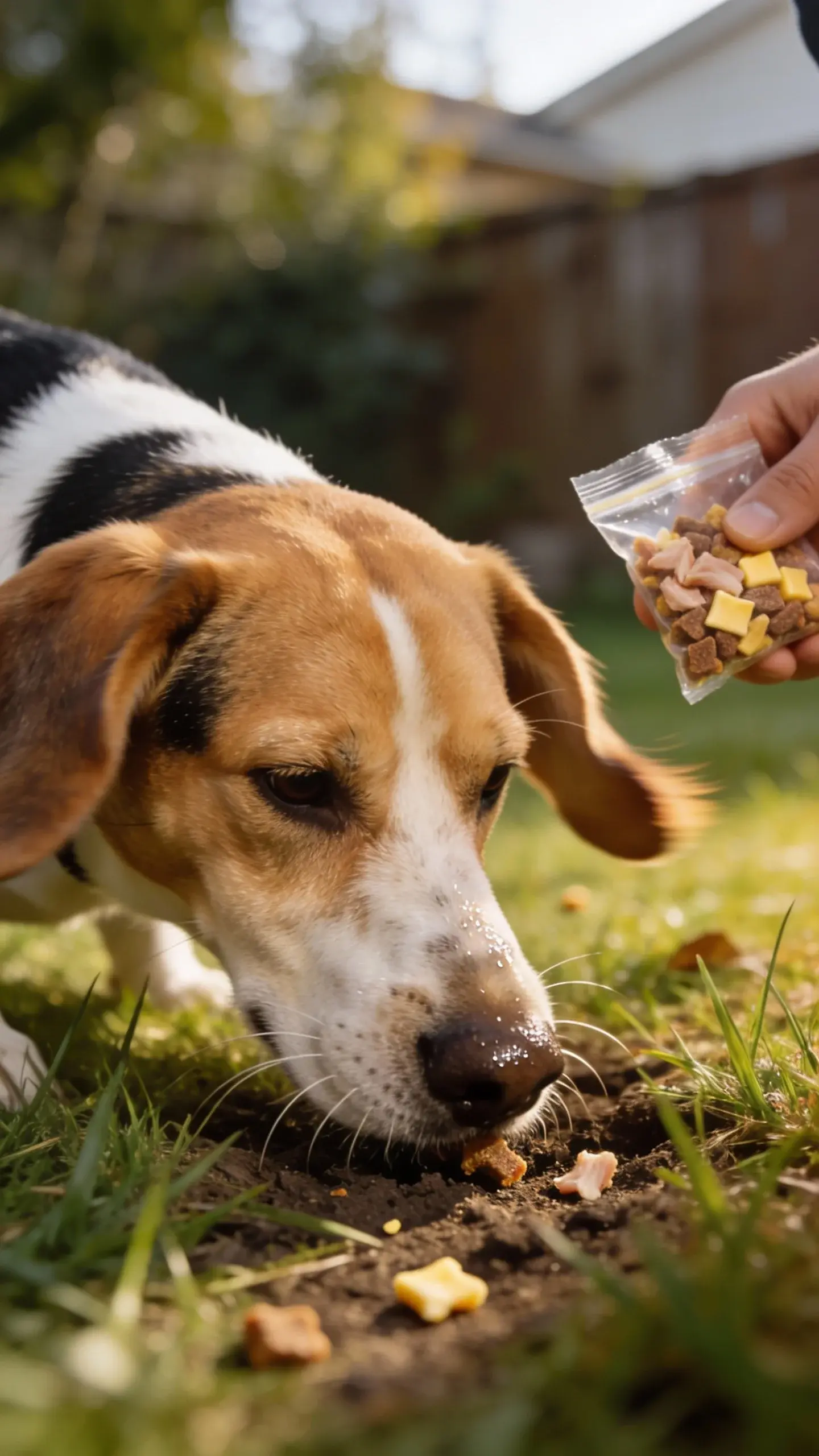 Close-up action shot of an adult beagle with classic tri-color coat (white, tan, black), floppy ears forward, nose pressed to the ground sniffing intensely along a grassy backyard patch. Shallow depth of field with the beagle’s nose and whiskers in sharp focus, moisture on the nose visible, blurred background showing a few subtly hidden treat crumbs among grass blades and a human hand partially visible in the background holding a small pouch of mixed high-value treats (tiny bits of roast chicken and cheese). Natural morning light, realistic photographic style, slight motion blur on ear tips to suggest movement, no text, warm color tones.