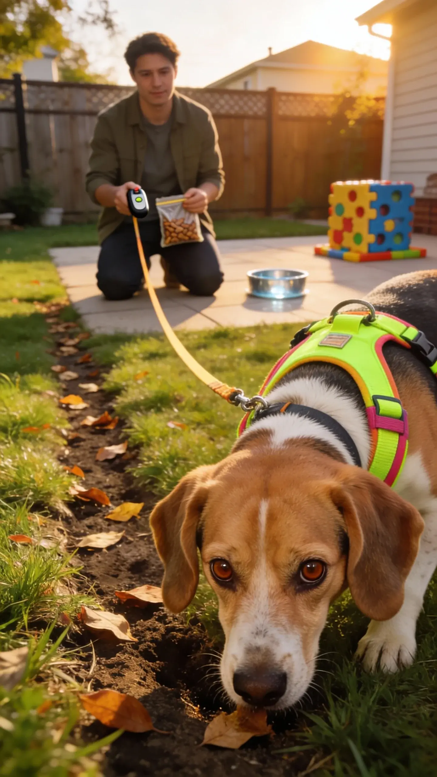 Close-up of an adult beagle with big brown eyes and floppy ears in a suburban backyard during golden-hour light, wearing a bright-colored harness attached to a long training lead. The dog is sniffing intensely along the grass near a scent trail of scattered leaves, while a patient first-time owner kneels a few feet away holding a treat pouch and a clicker, offering calm body language. Include subtle details like a securely fenced yard, a puzzle toy on the patio, and a water bowl nearby. Emphasize the beagle’s focused nose-to-ground behavior and alert yet friendly expression; soft, warm natural lighting; shallow depth of field to highlight the beagle’s face and harness. No text.