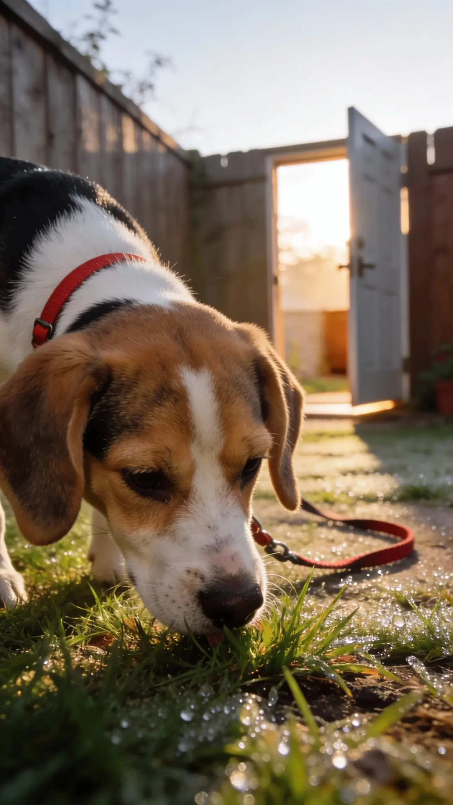 Close-up photo of a young Beagle puppy with classic tri-color coat (white chest, tan face with black saddle) sniffing the grass intently in a small fenced backyard at dawn during a potty break; the puppy wears a simple red collar, a short leash lies slack on the ground, fresh morning light with long soft shadows, dew on the grass, a back door slightly ajar in the background hinting at routine, no people visible, natural realistic lighting and texture, shallow depth of field emphasizing the Beagle’s nose and focused expression.