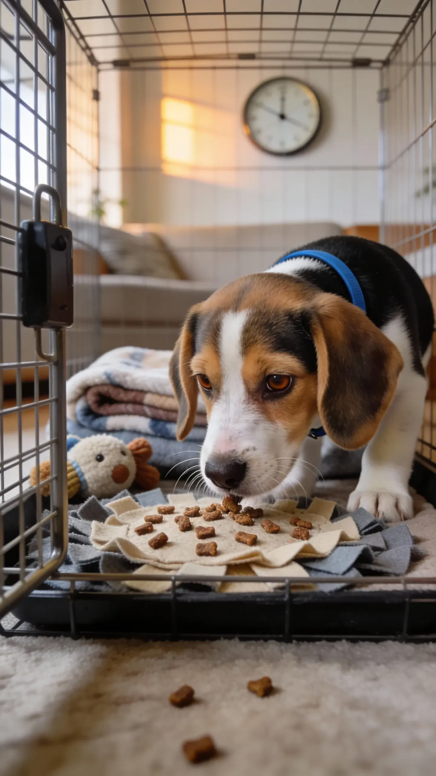 Close-up photo of a 10–12 week old Beagle puppy with classic tricolor coat (black saddle, white chest and paws, tan face and ears), big floppy ears and expressive brown eyes, wearing a simple blue flat collar, inside a cozy wire crate with the door open. The puppy is calmly sniffing a snuffle mat sprinkled with small training treats placed just inside the crate, with a plush chew toy and a neatly folded blanket in the back of the crate. Soft morning indoor light from a nearby window, shallow depth of field focusing on the puppy’s nose and whiskers as it sniffs, background hints of a tidy living room with a wall clock showing early morning to suggest a training schedule. Natural, documentary style, no text, no humans visible.